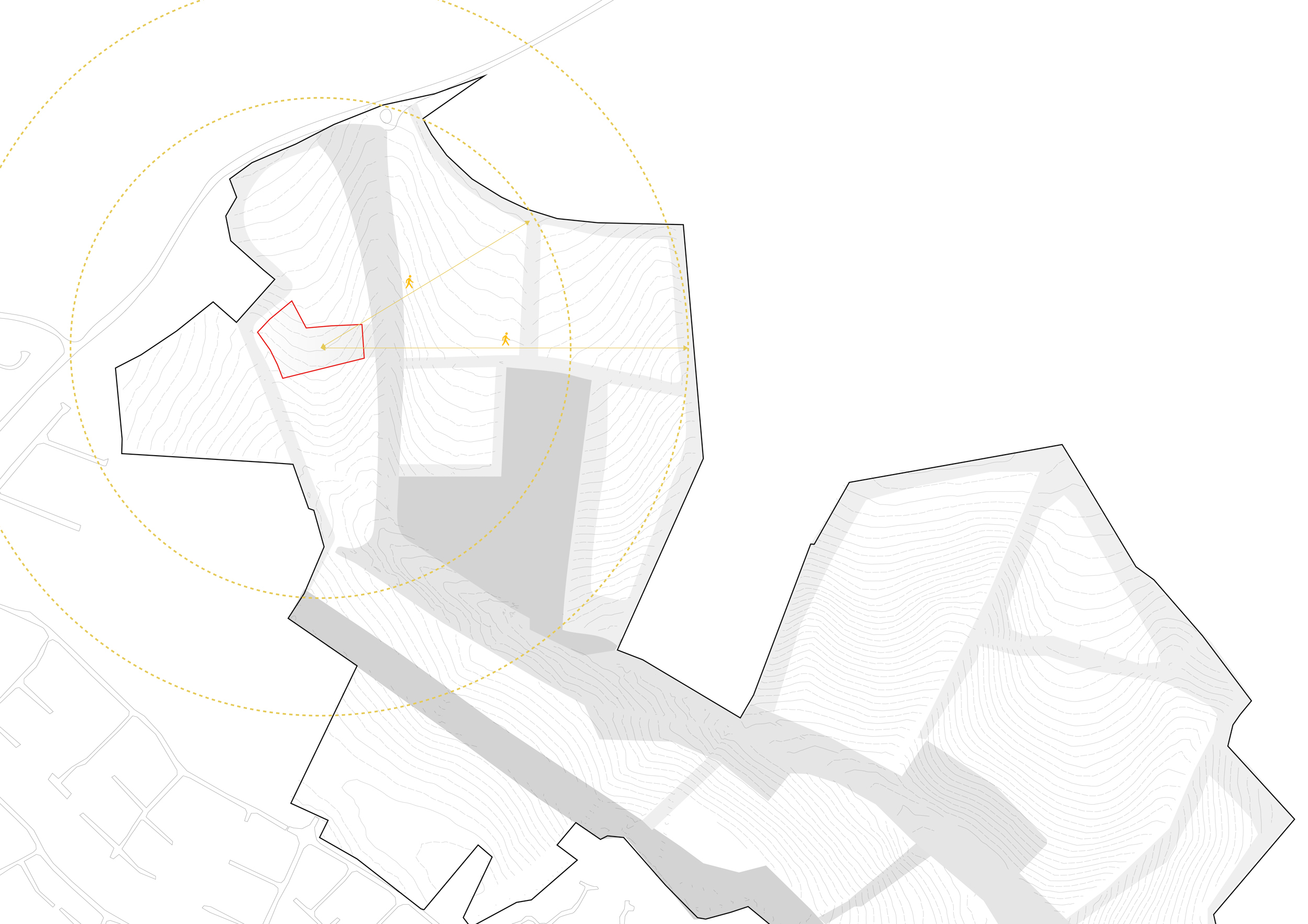 Site strategy diagram showing 5 minute and 7.5 minute walking distance from site  | Cambridge architects CDC Studio