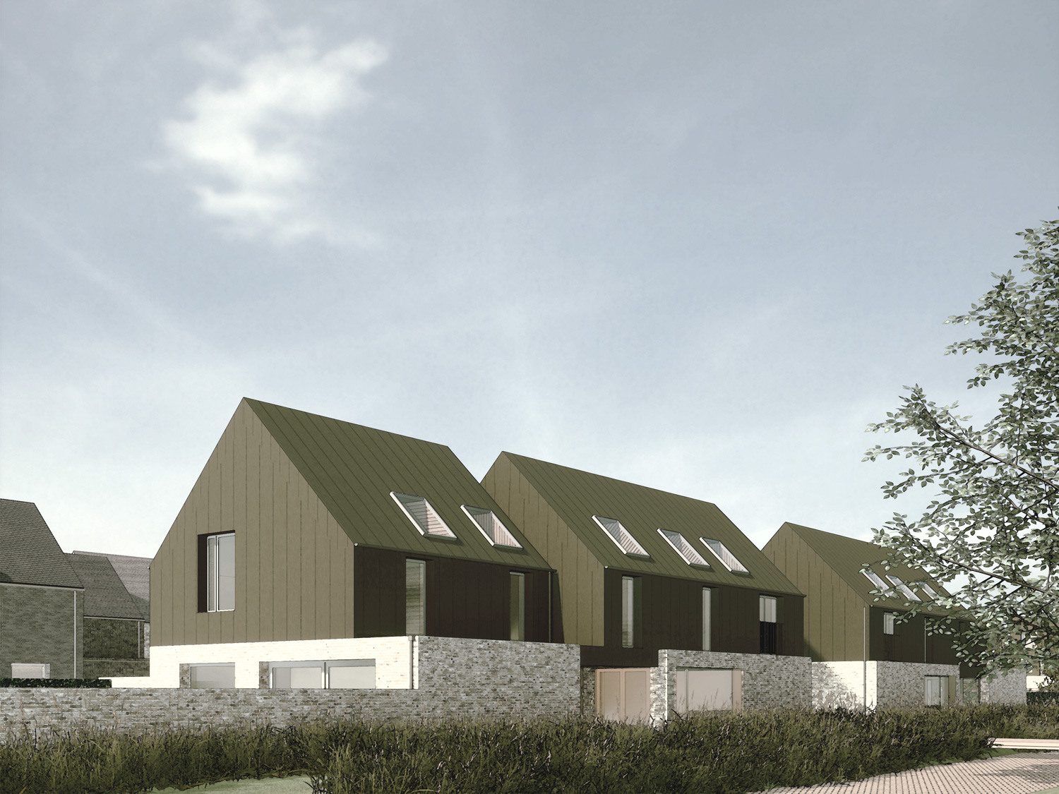 Visualisation by CDC studio of three Woodland Villa houses lined up