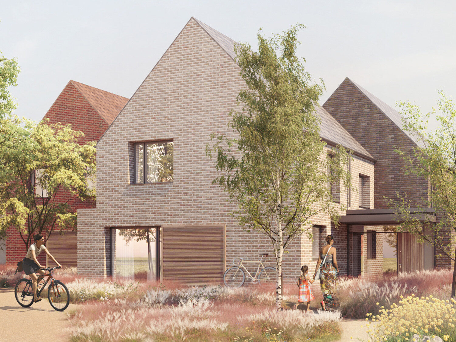 Woodland Villas front rendering in sepia, with residents passing through.