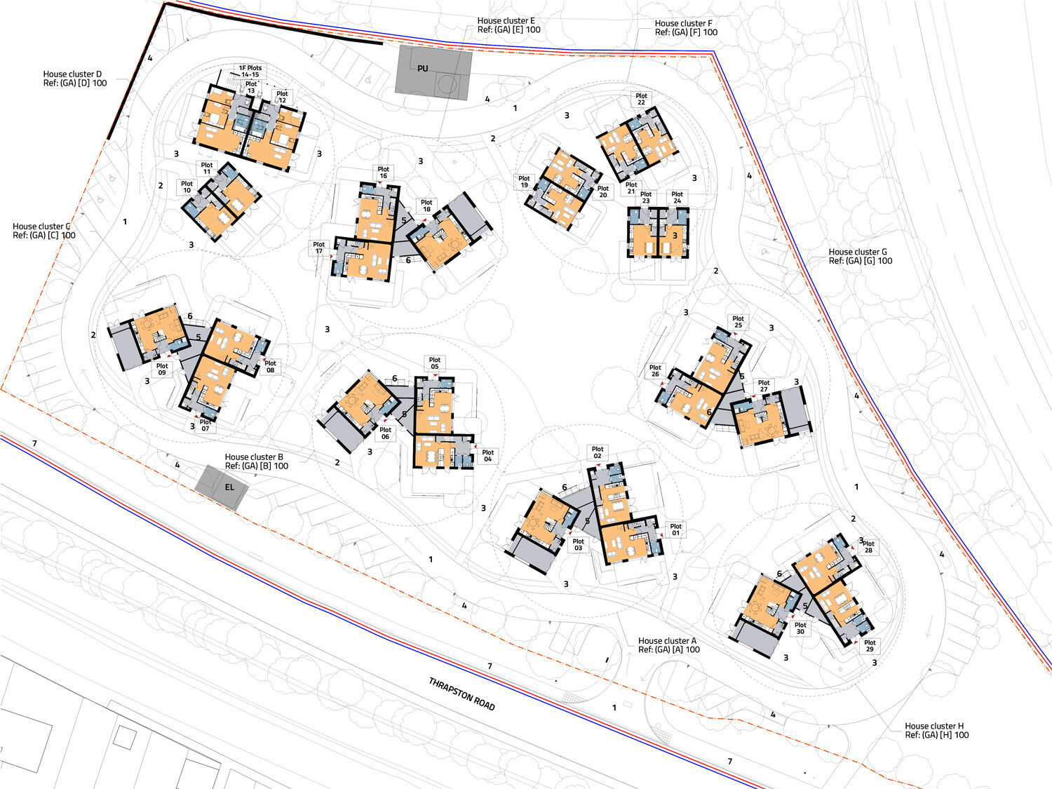 Detailed site plan showing measurements and positioning for each housing cluster, by CDC studio