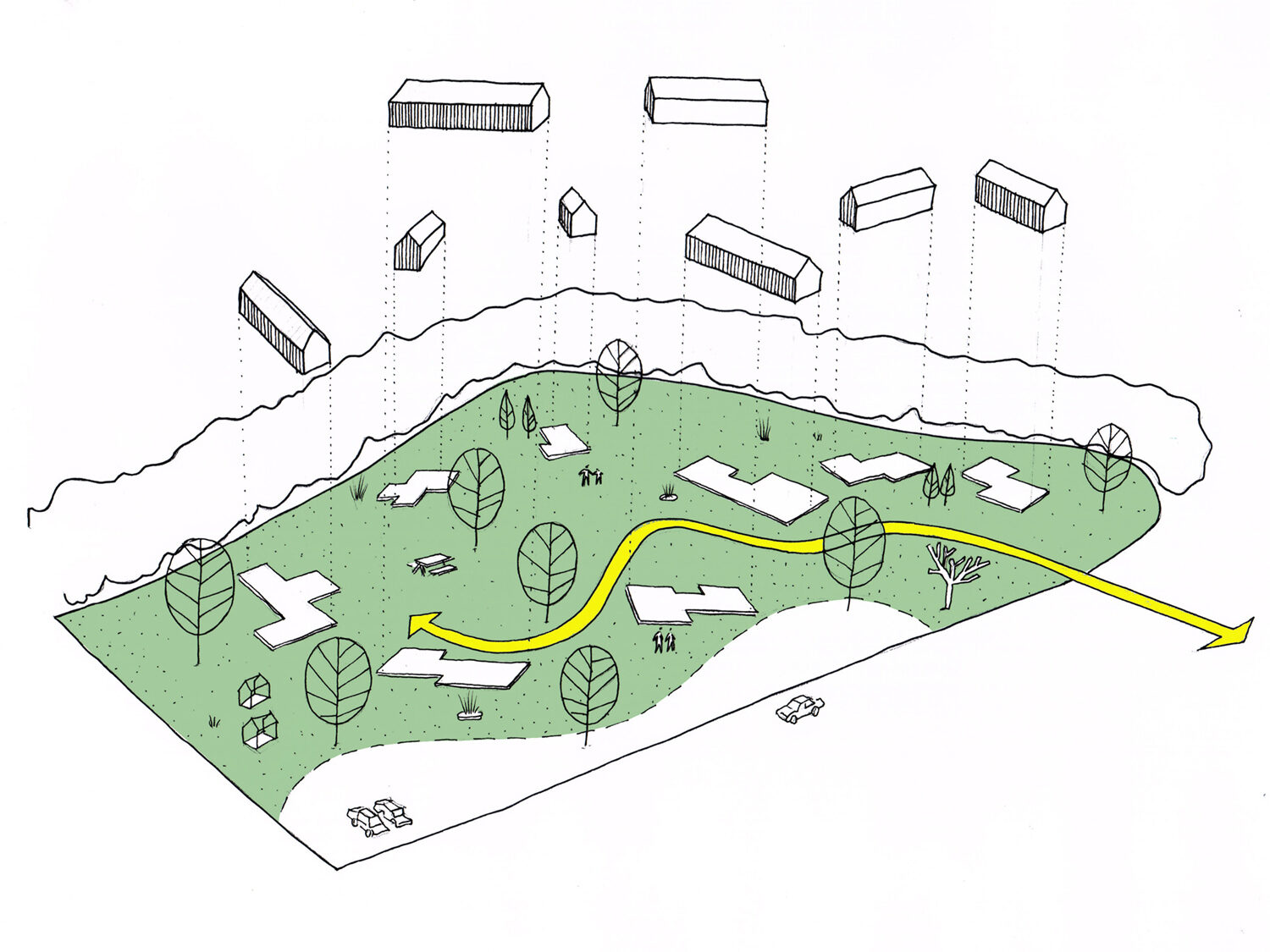 Concept art showing positioning of new houses on the site, as well as green spaces and tree positions, by CDC studio