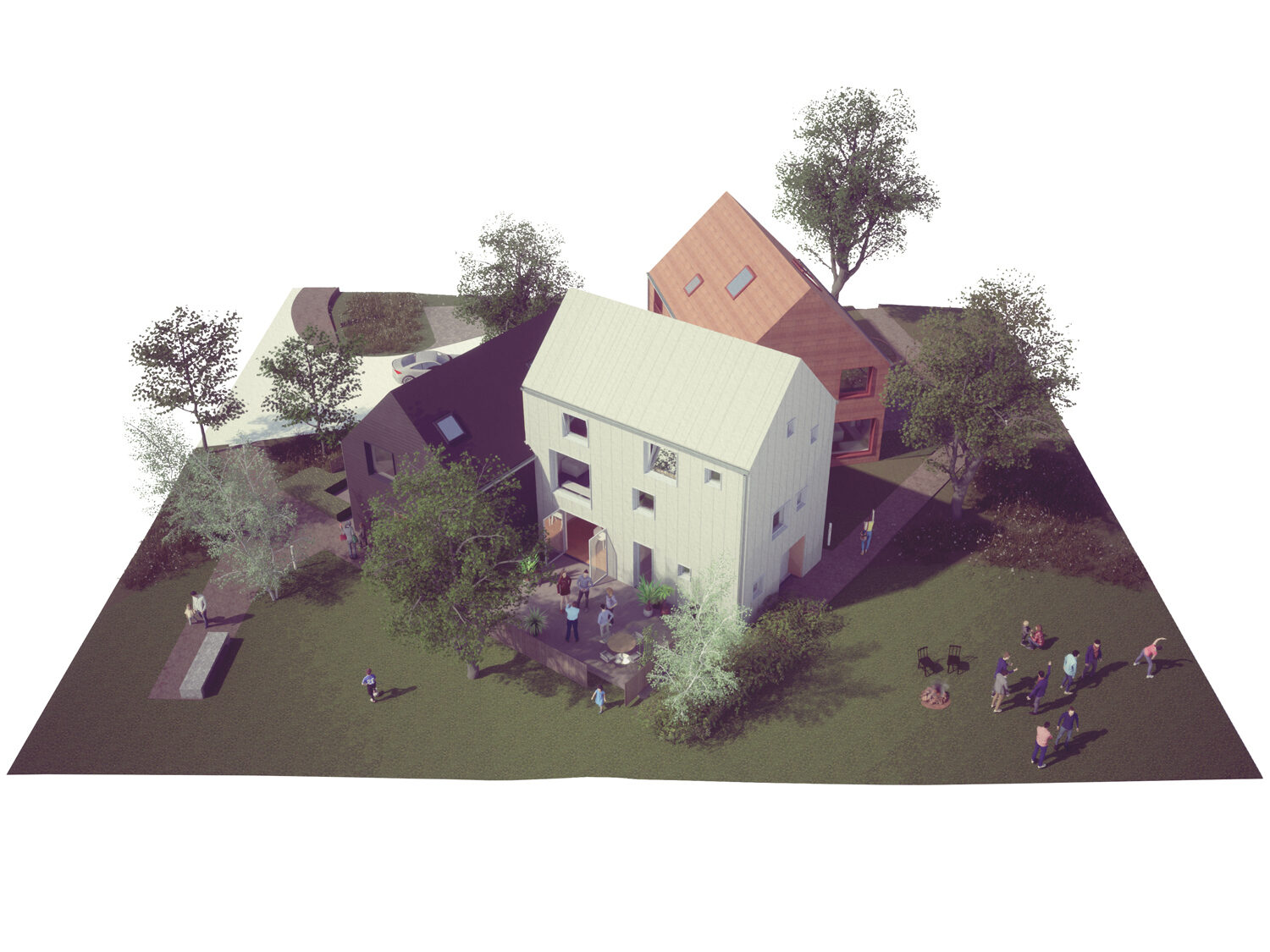 Rendering of a single housing cluster, showcasing non-linear housing and private/public sections.