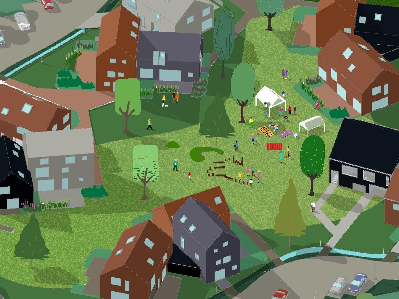 New model concept fostering community interaction with shared green space while excluding cars to peripherals, by CDC studio