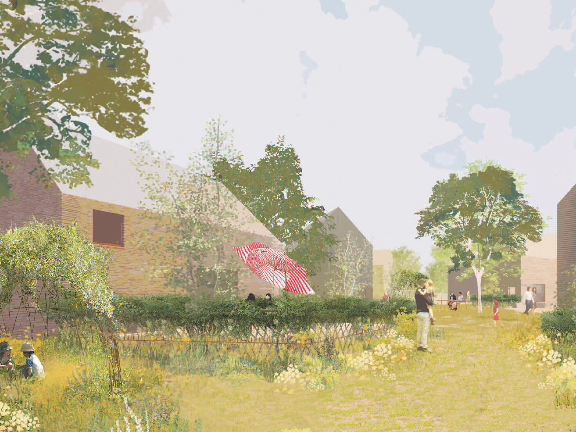 Another angle showing private gardens inside the communal green spaces