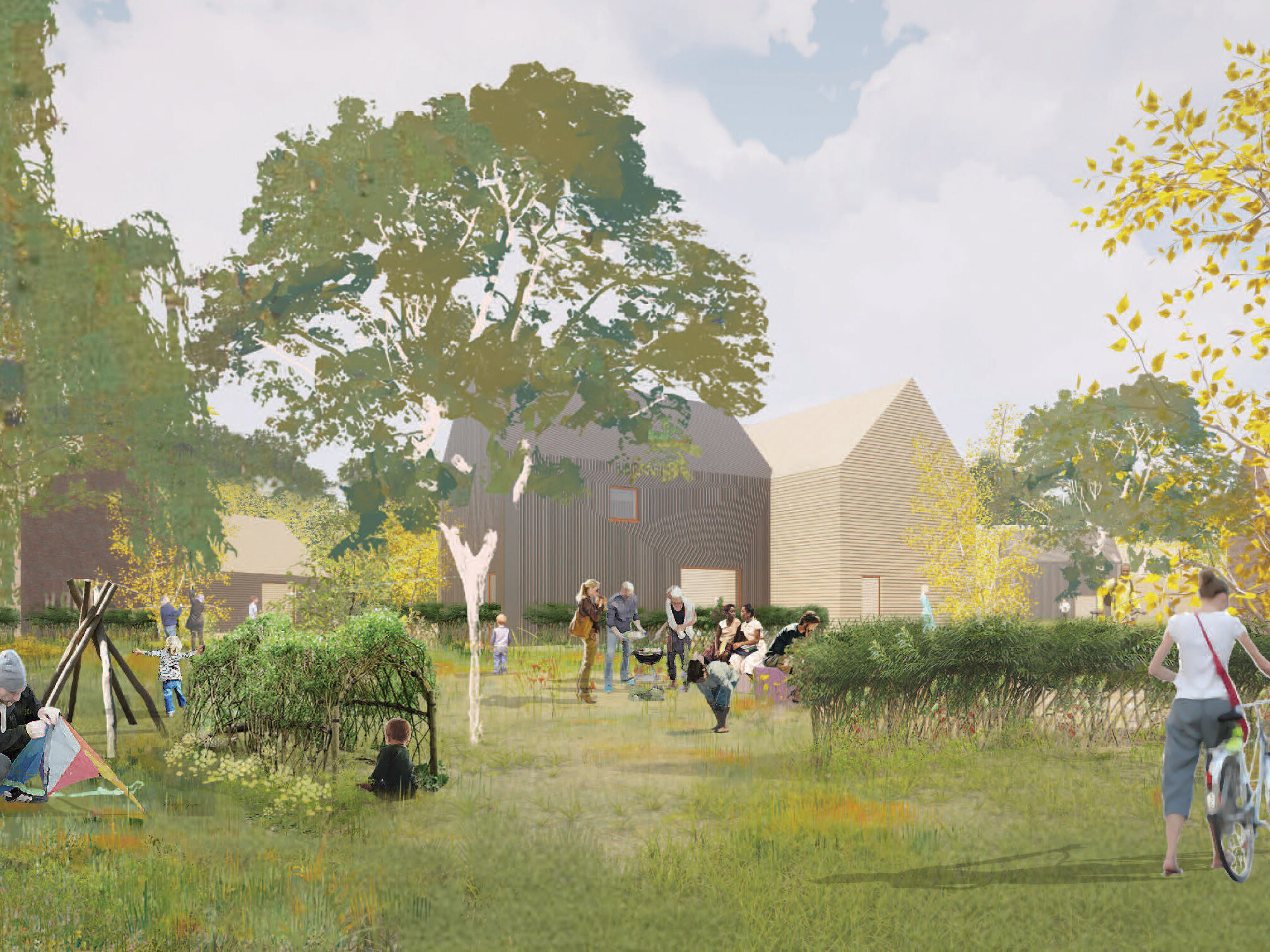 Alternative angle concept showing many residents in a communal green, by CDC studio