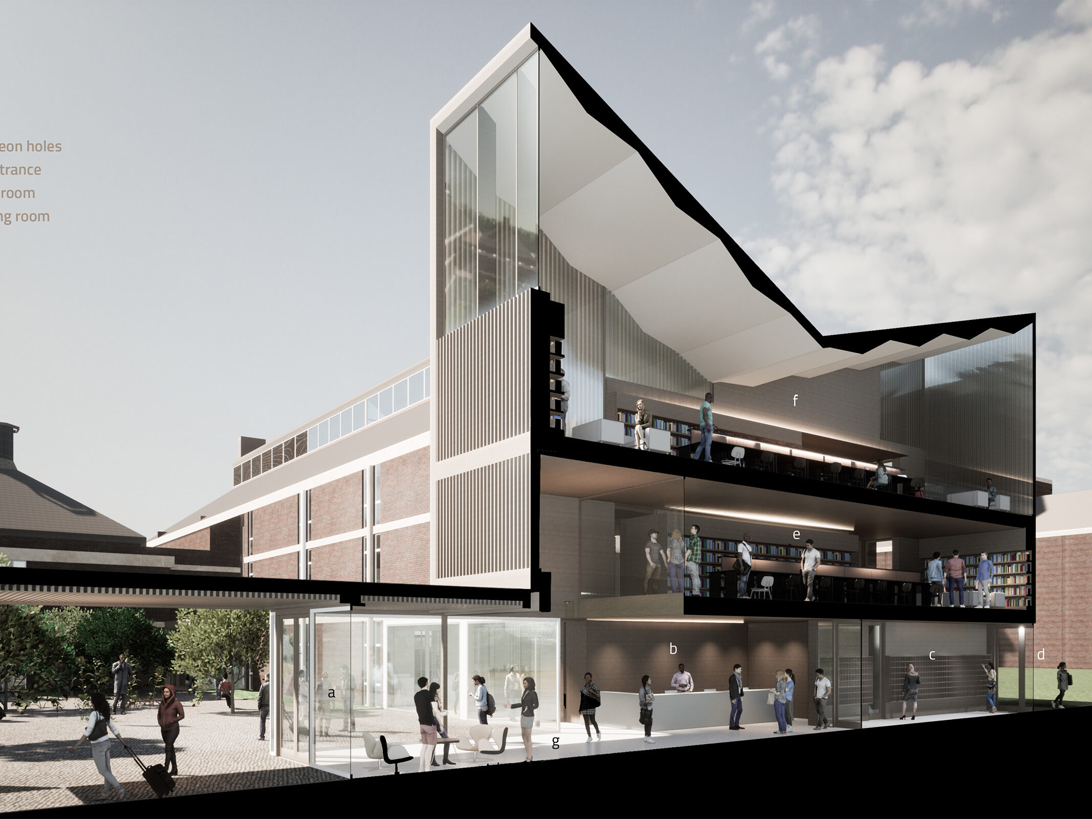 Visualisation section cut through building showing external walkway & quad leading to porters' lodge with 2 story library above and winged roof  | cdc studio cambridge architects