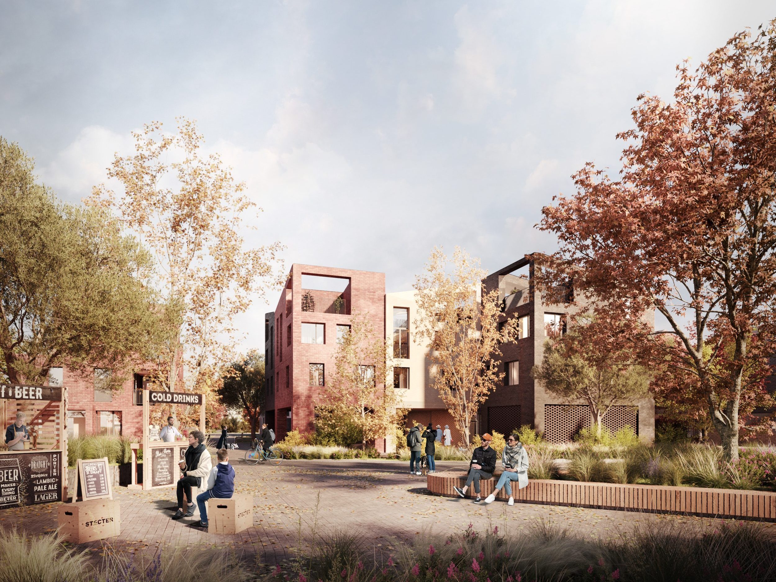 Visualisation of the Social square at Eddeva Park, Cambridge | architects CDC Studio