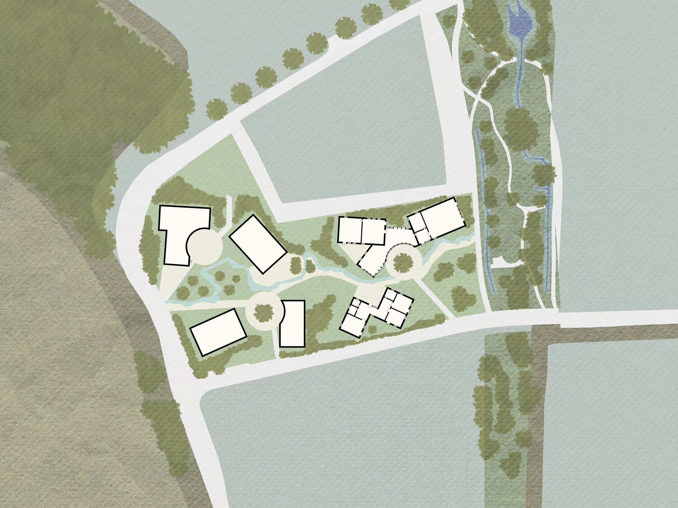 Pavilions in a landscape site plan | Cambridge architects CDC Studio