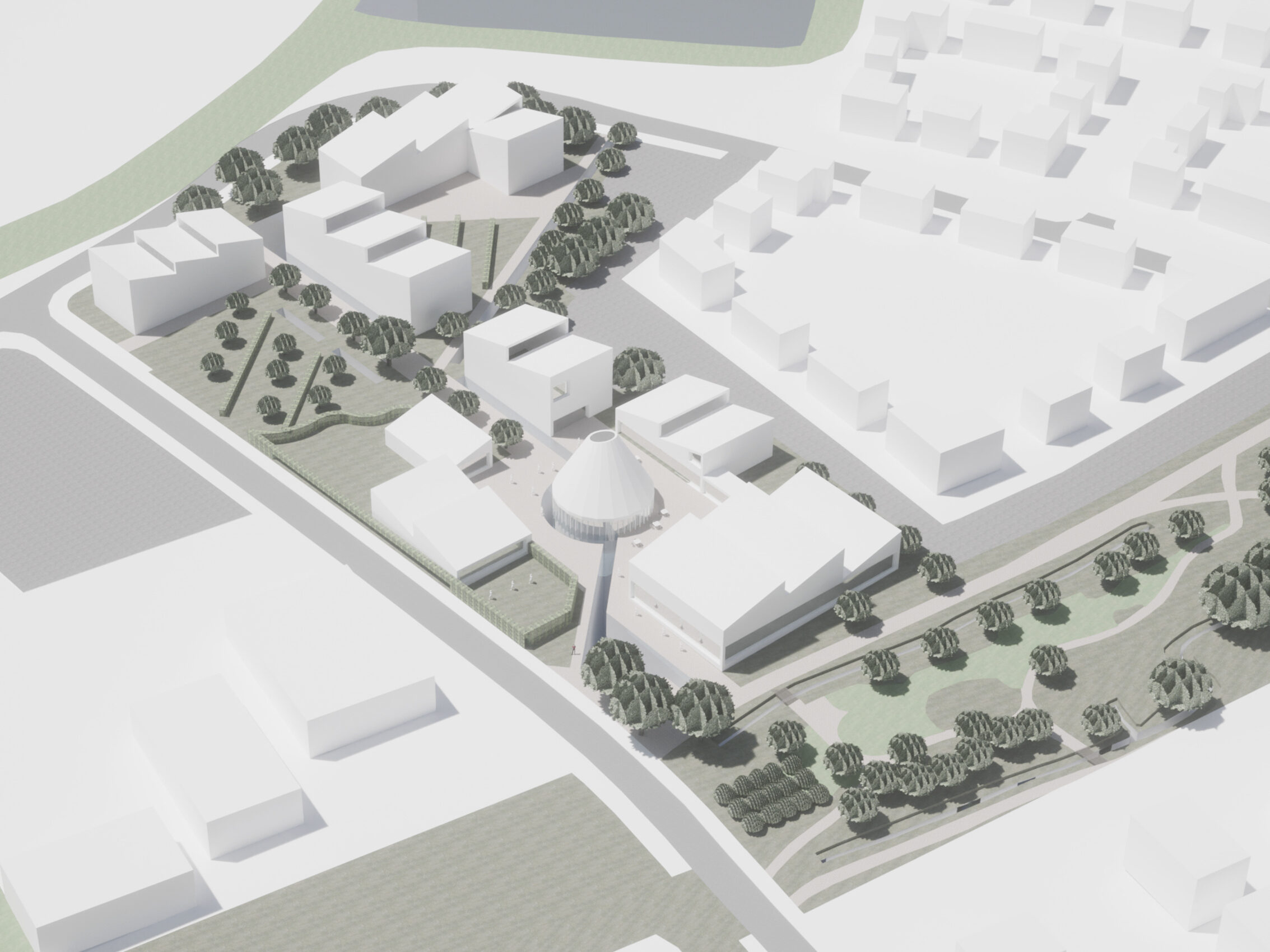 a beacon in courtyards 3D aerial render | Cambridge architects CDC Studio