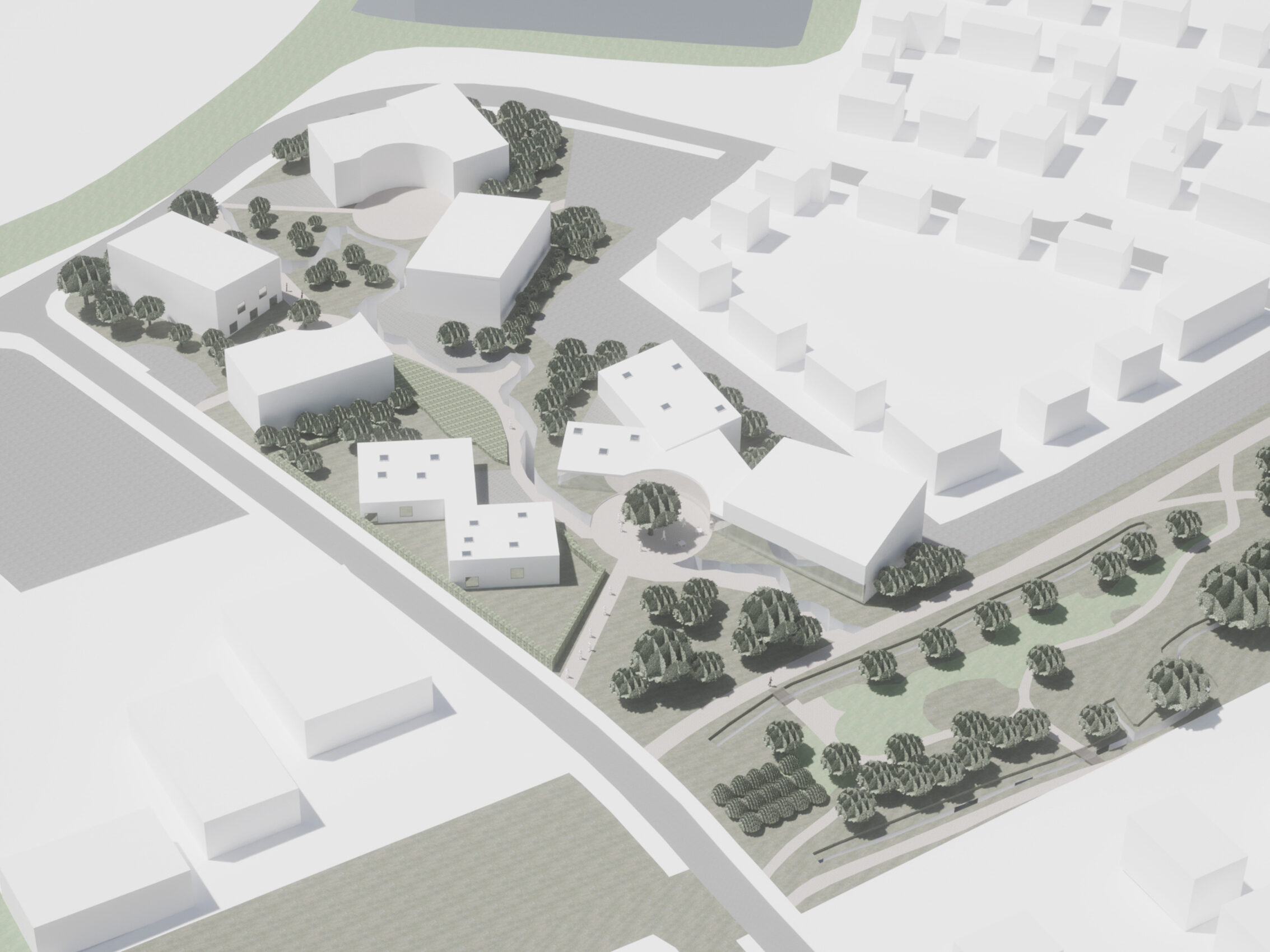 pavilions in a landscape 3D aerial render | Cambridge architects CDC Studio