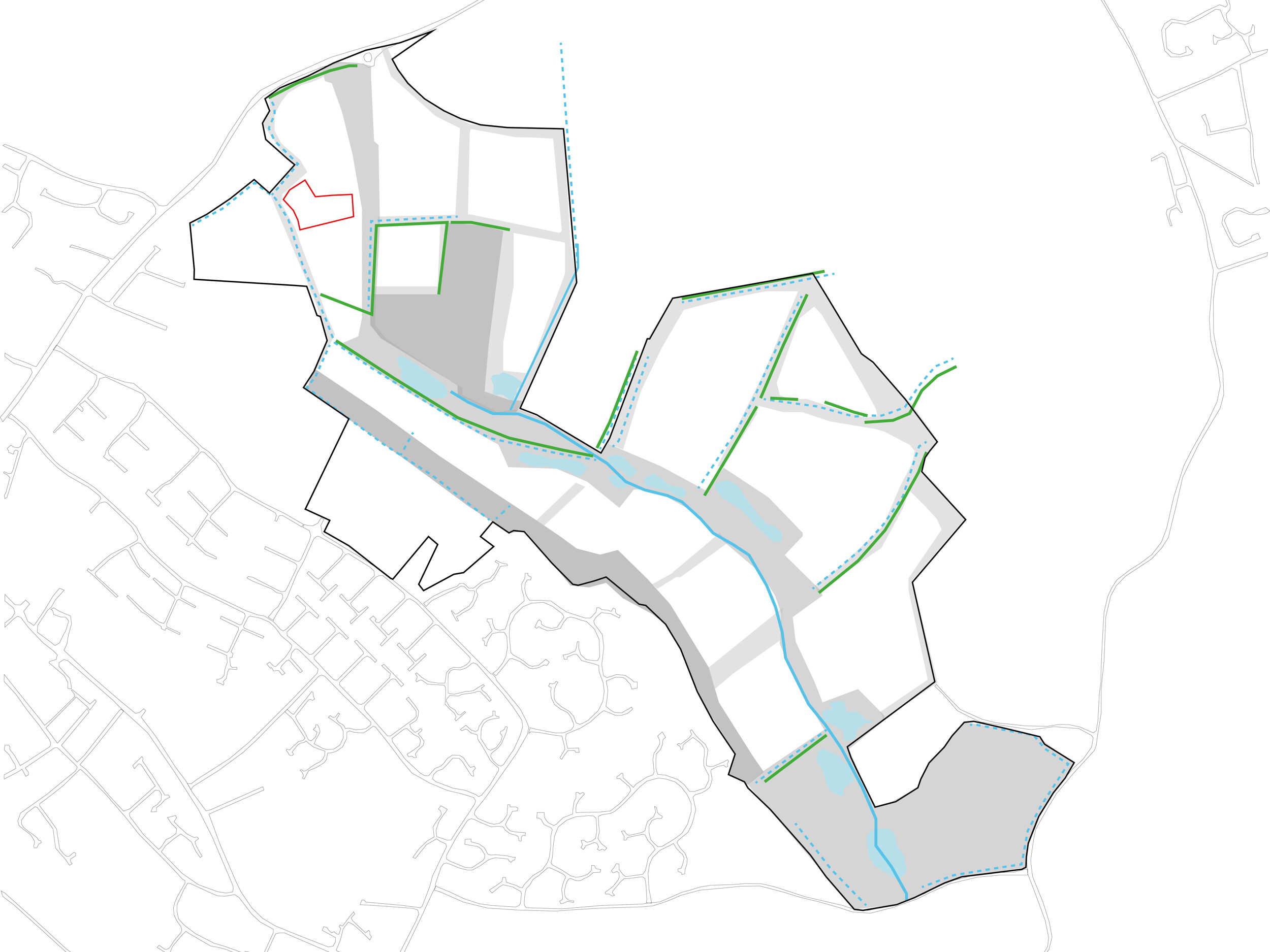 Site analysis diagram showing local waterways and linear vegetation belts | Cambridge architects CDC Studio