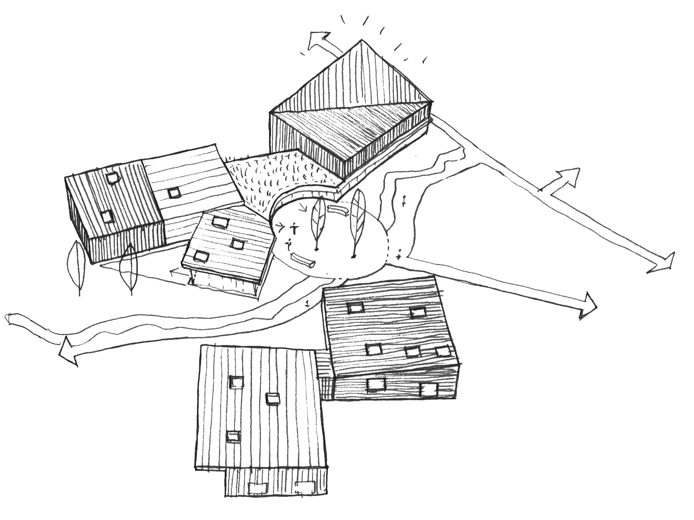 Pavilions in a landscape sketch | Cambridge architects CDC Studio