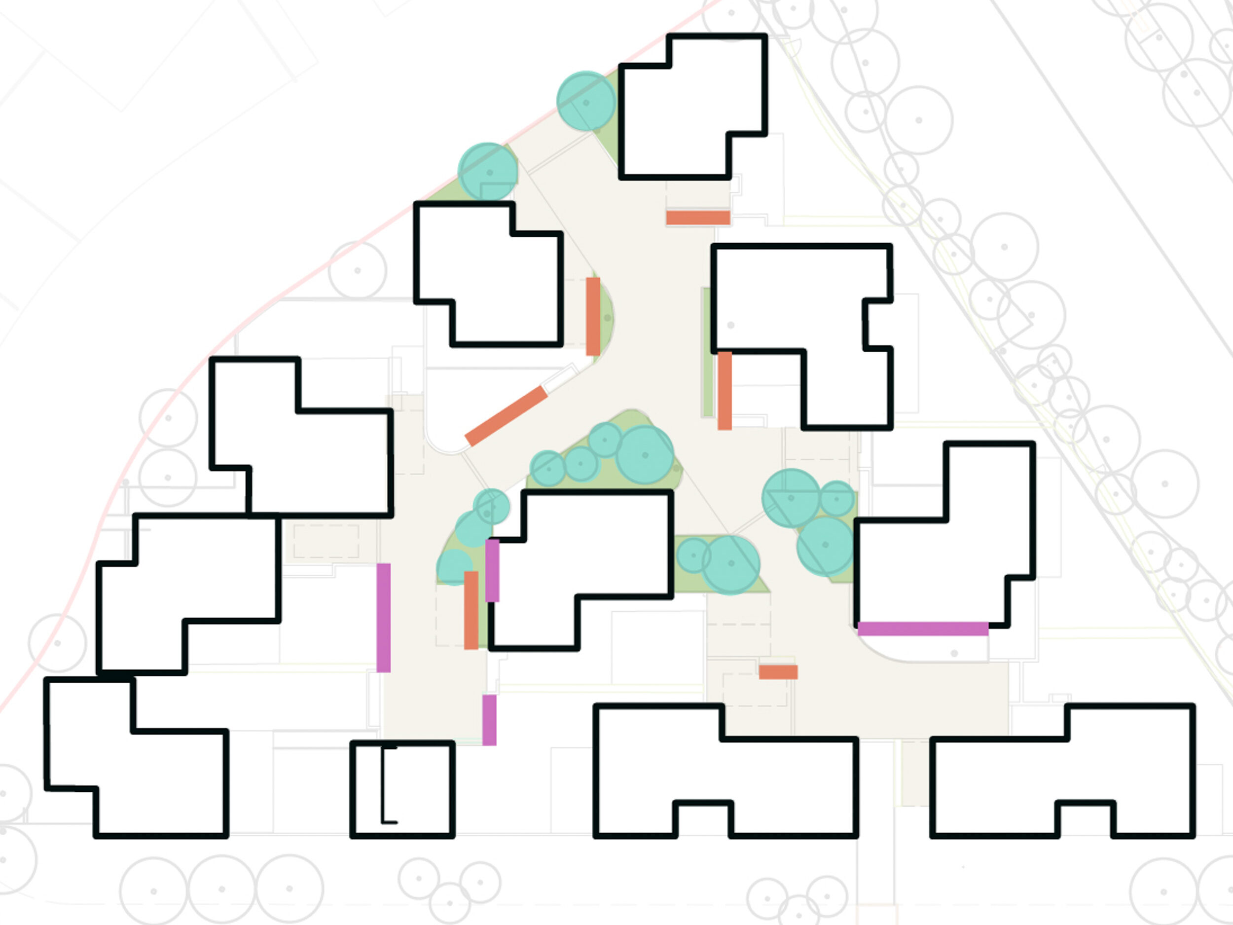 Landscape plan showing the intended walkways to communal green spaces between house clusters