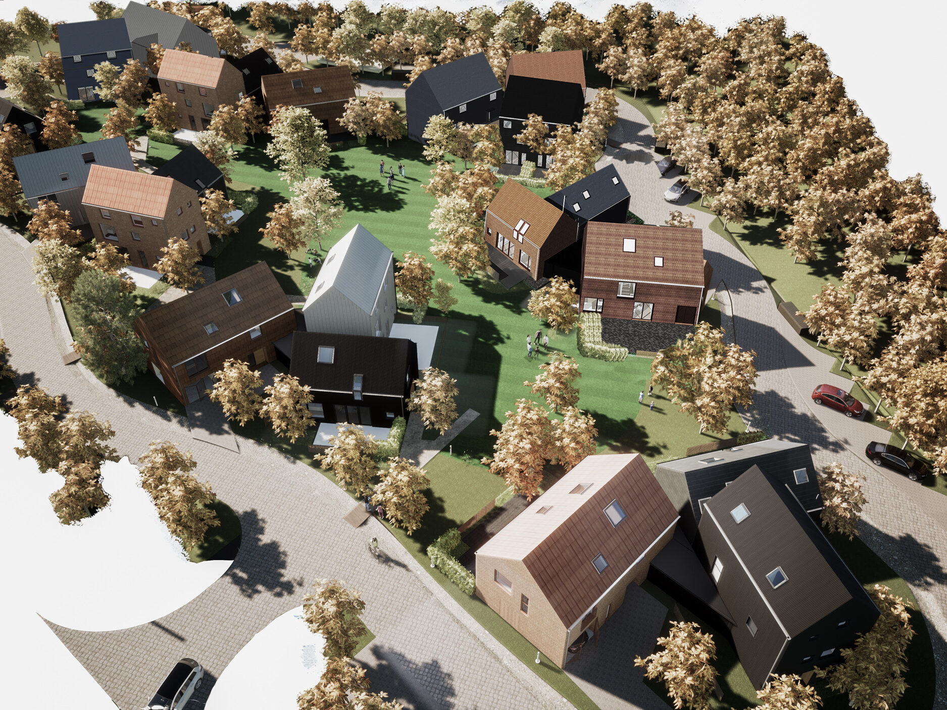 Aerial rendering of future building site showcasing the landscape and variance in cladding, by CDC studio