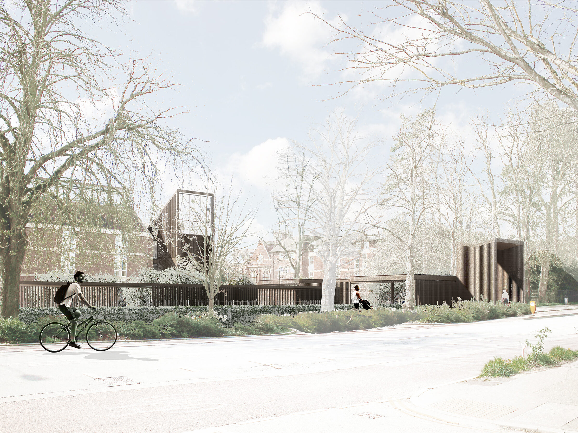 Illustrated render showing view across hills road towards gateway entrance and porters' lodge in distance with cyclist in the foreground  | cdc studio cambridge architects