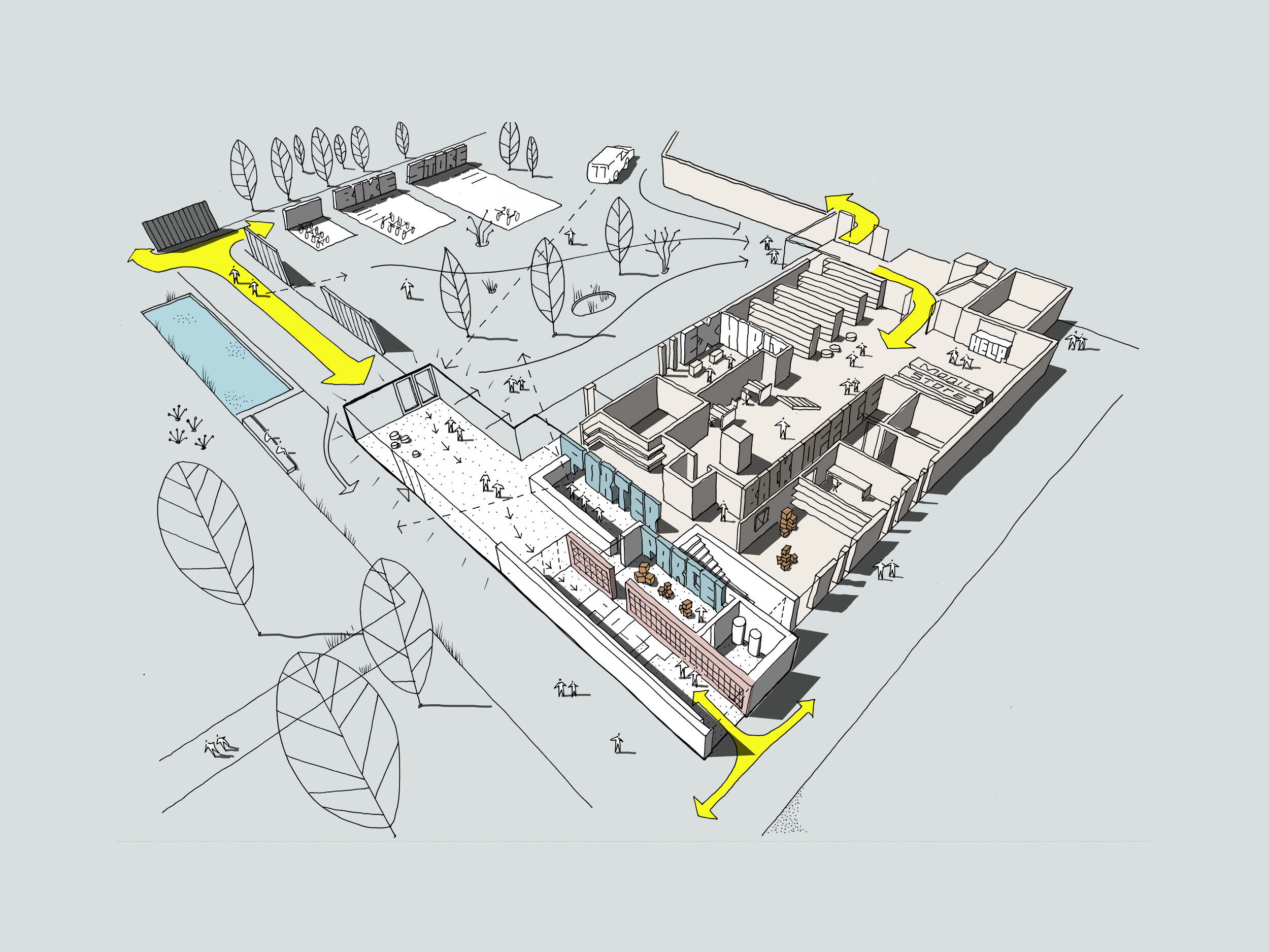 3d floor plan illustration showing landscaped quad adjacent to porters' lodge connected to existing building with circulation routes emphasised  | cdc studio cambridge architects