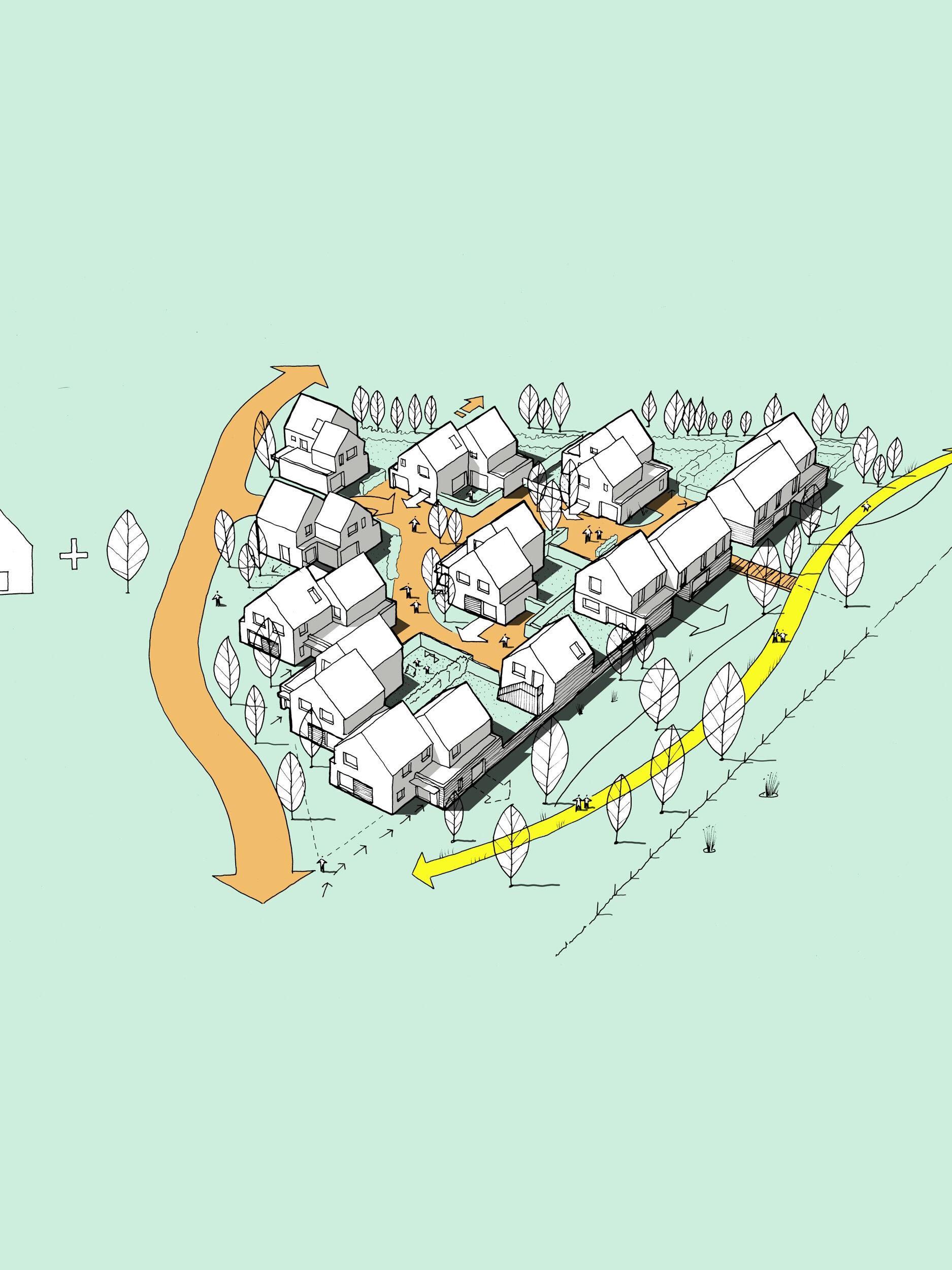 Aerial concept art for Woodland villas residence showing house positions by CDC studio