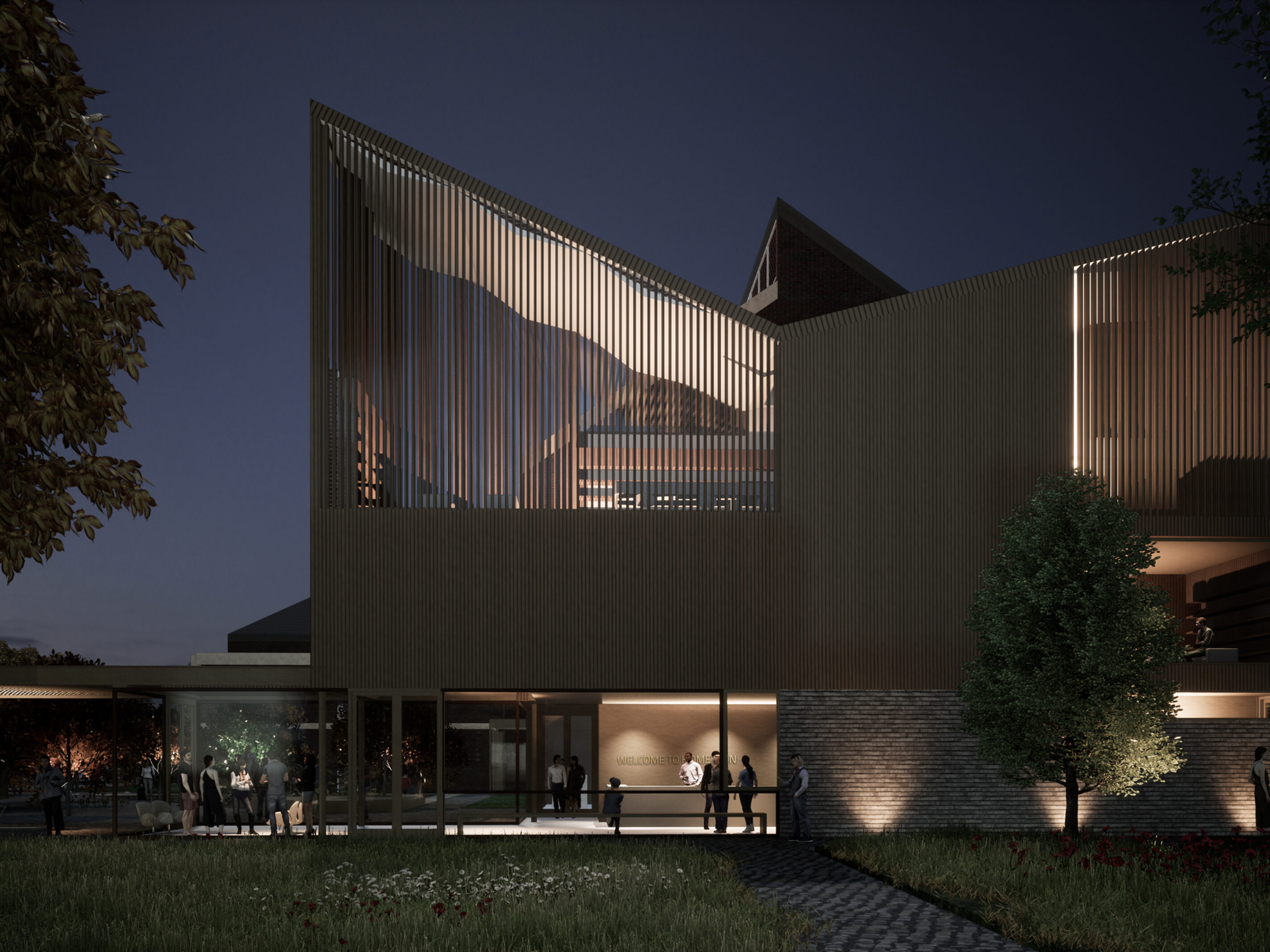 External night time visualisation showing people stood around uplit building with brick cladding to ground floor and timber above with large winged roof. Internal light shines through vertical timber slats to upper floors | cdc studio cambridge architects