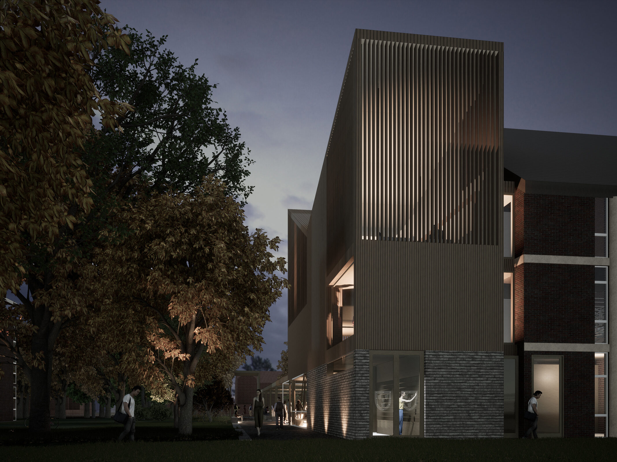 Night time visualisation showing uplit building next to trees. Ground floor is clad in light brick, with vertical timber to upper floors and tall winged roof  | cdc studio cambridge architects