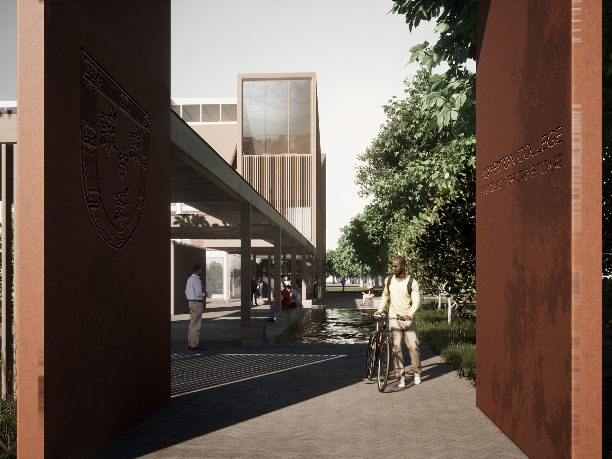 Visualisation looking through gateway towards 3 story timber porters' lodge with student pushing bicycle in the foreground  | cdc studio cambridge architects