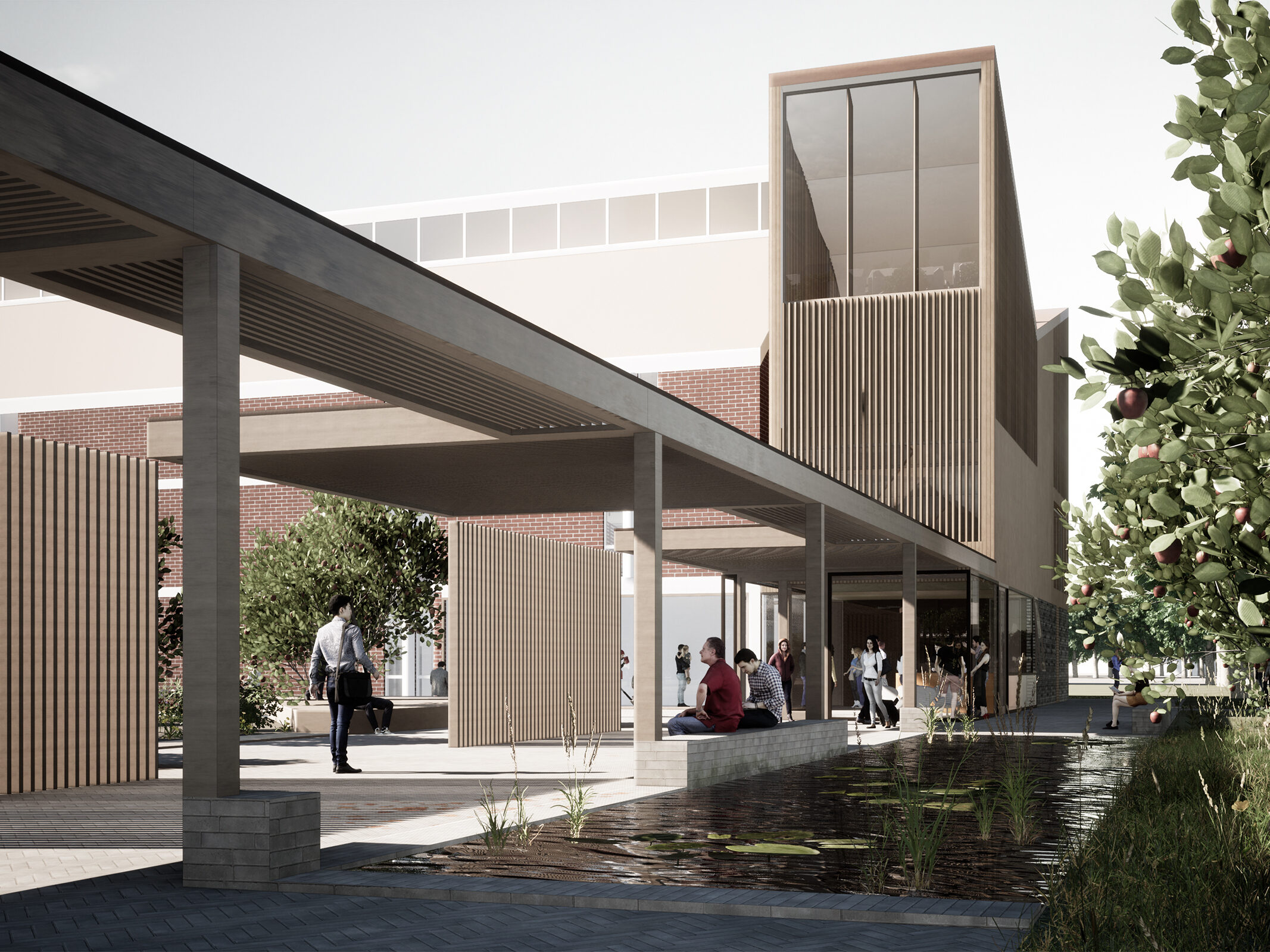 Visualisation of porters lodge quad showing covered eternal walkway adjacent to water feature and orchard trees  | cdc studio cambridge architects