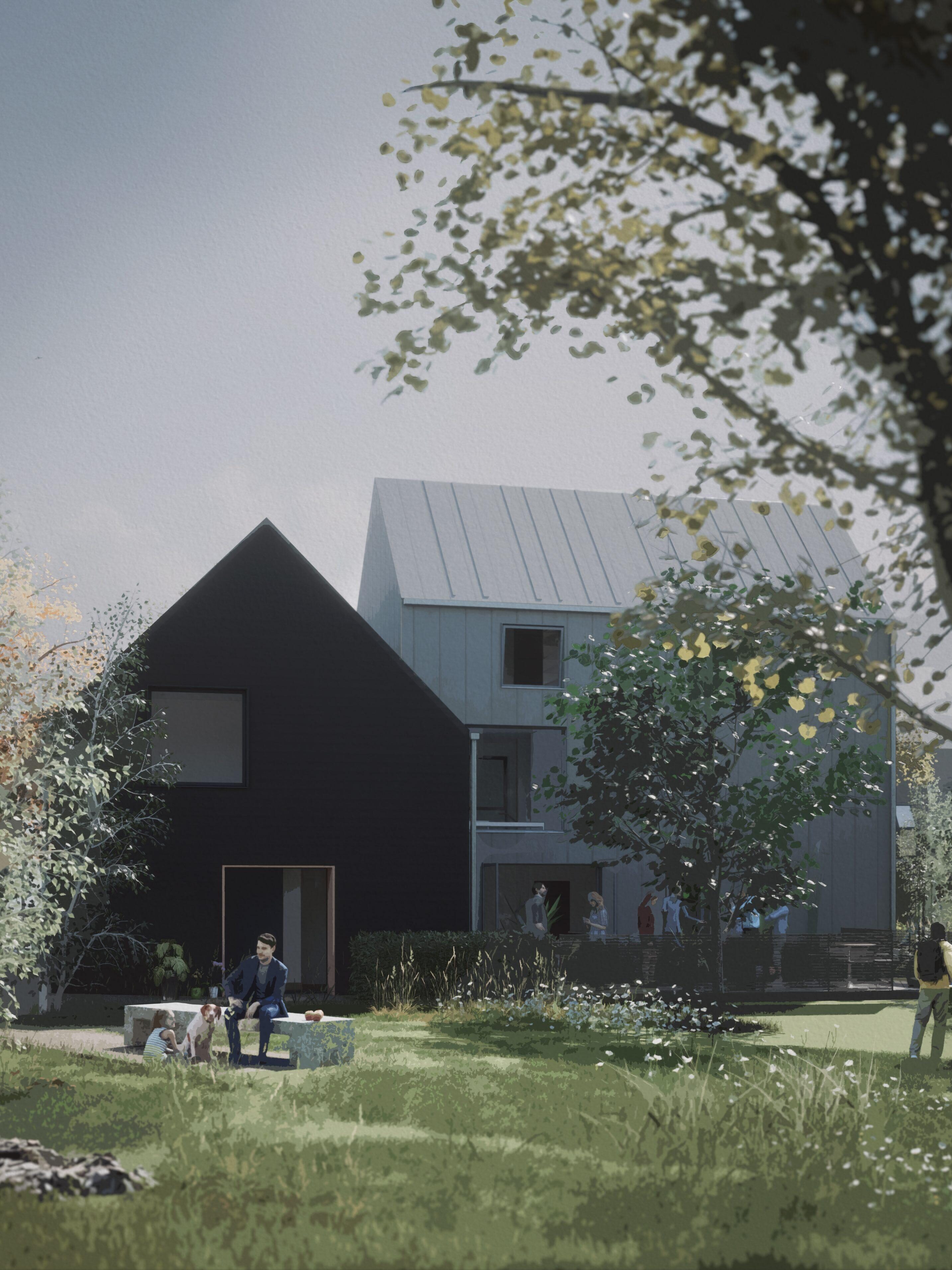 View showing outdoor spaces and new housing cluster with different cladding and roofing.