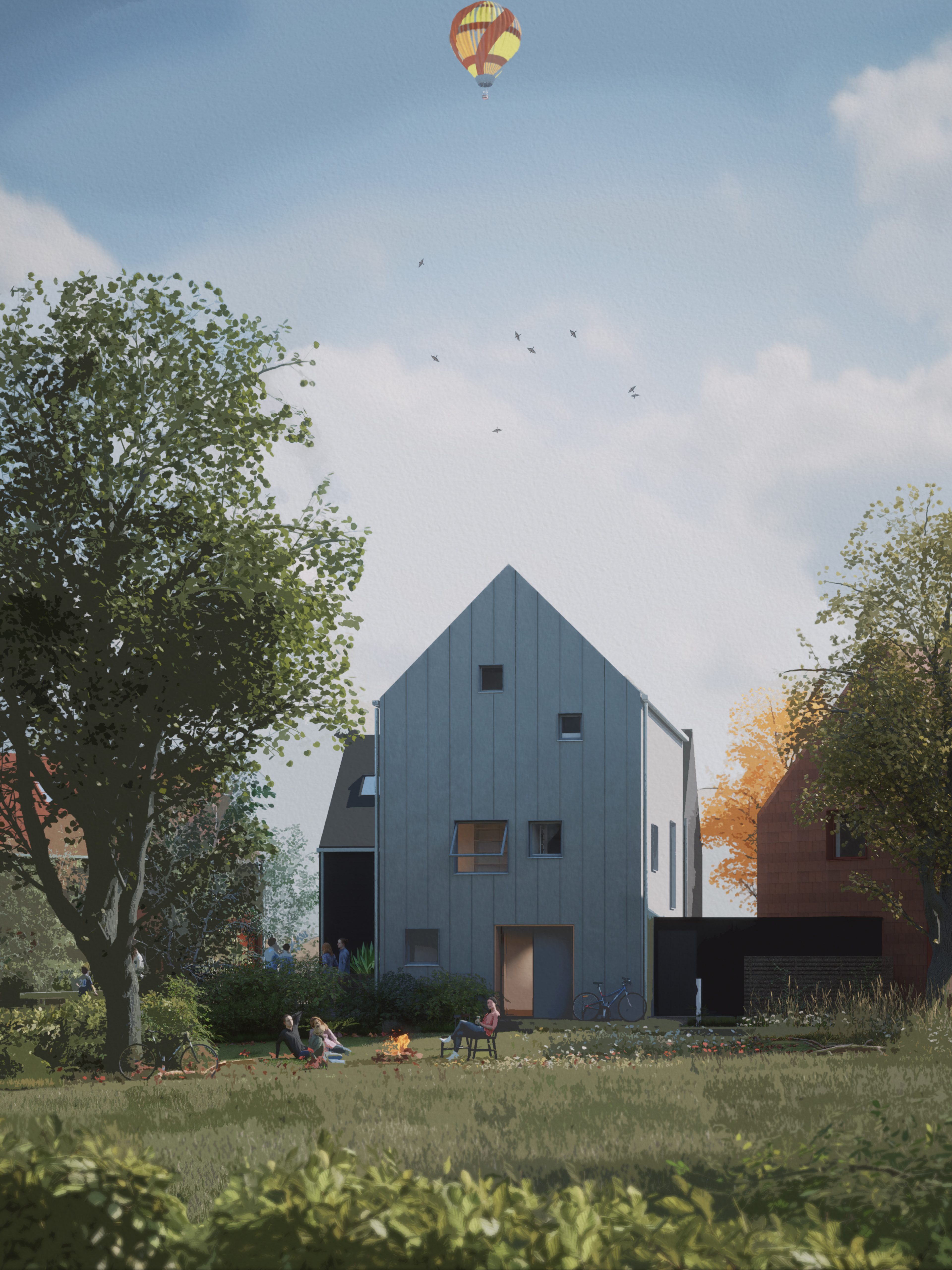 View from shared space showing two trees and house in the center, by CDC studio