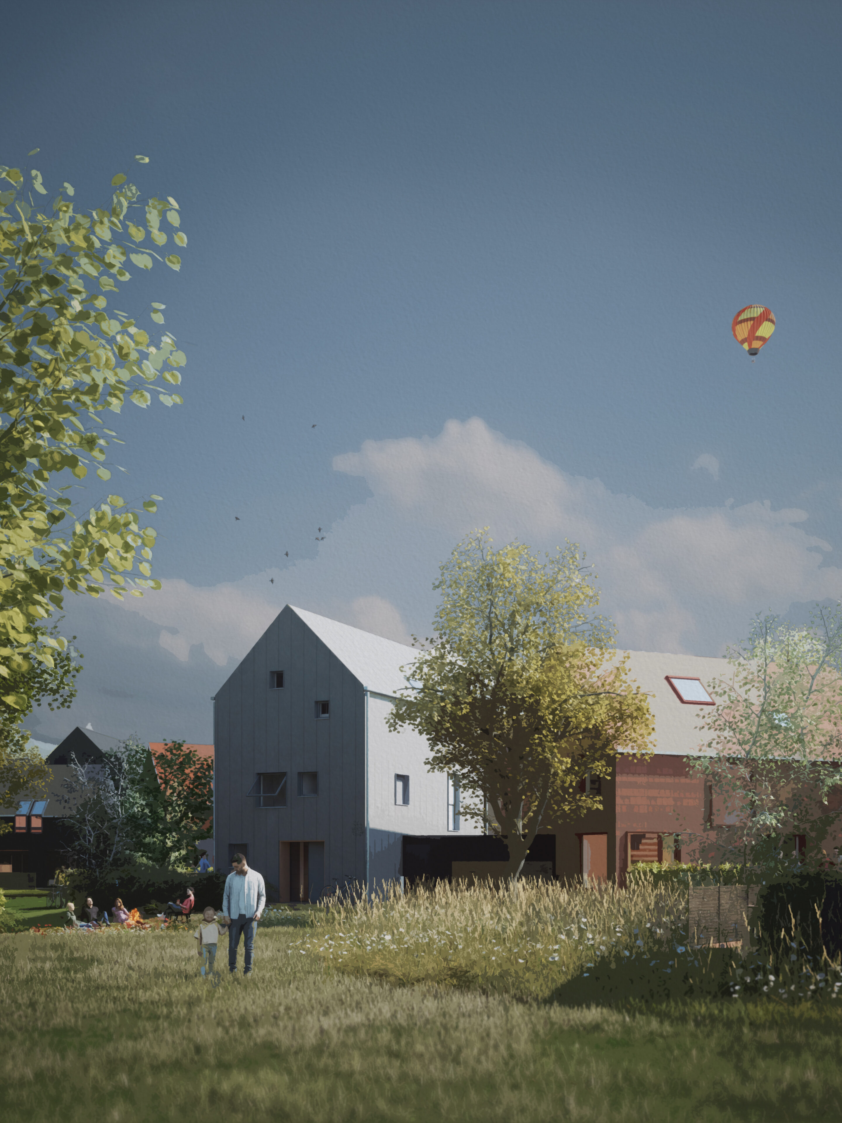 Second photo of new housing from green landscape perspective