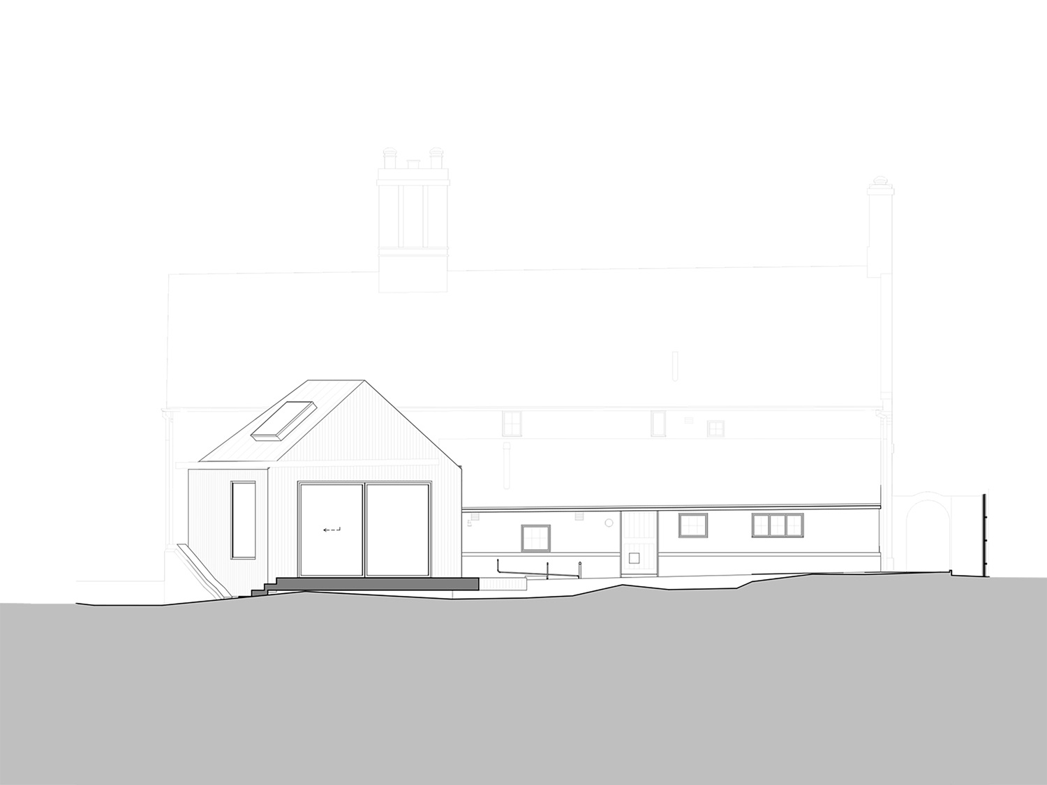 North elevation from rear garden view, with new extension in foreground, by CDC studio