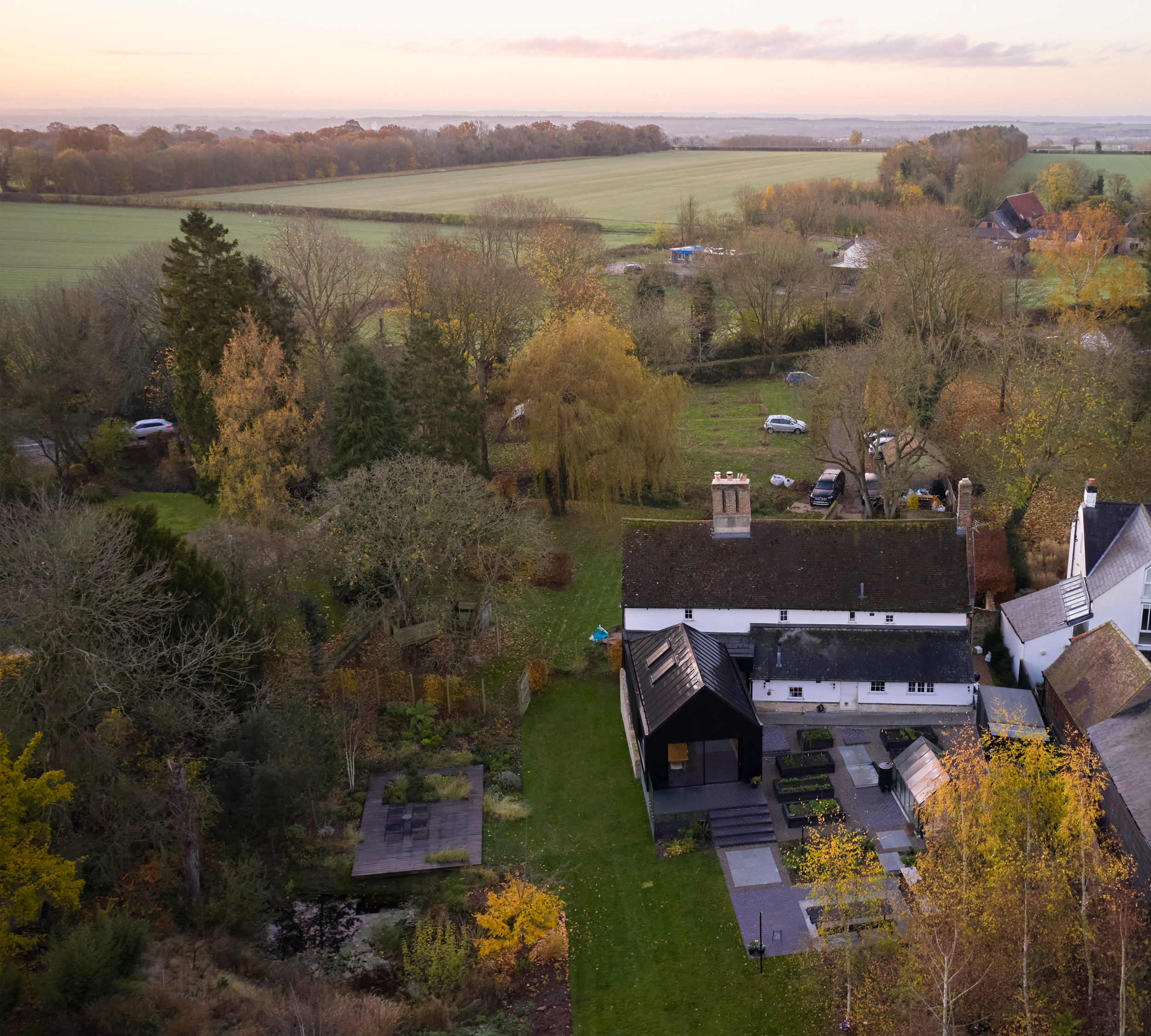 aerial view centred on new CDC developments on the cambridgeshire farmhouse Bread Oven.