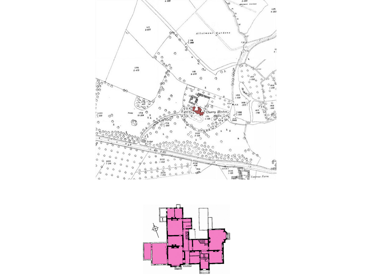 Surrounding buildings in the area with Cherry Hinton Hall highlighted in red and pink as of 1927