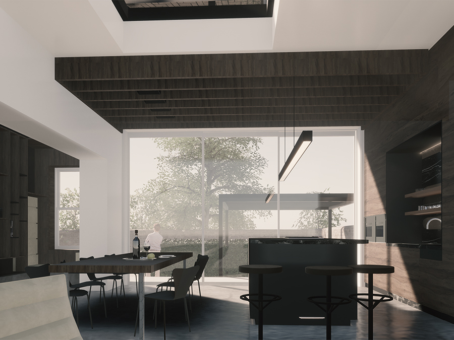 visualisation of contemporary interior looking out towards the garden | cdc studio cambridge architects