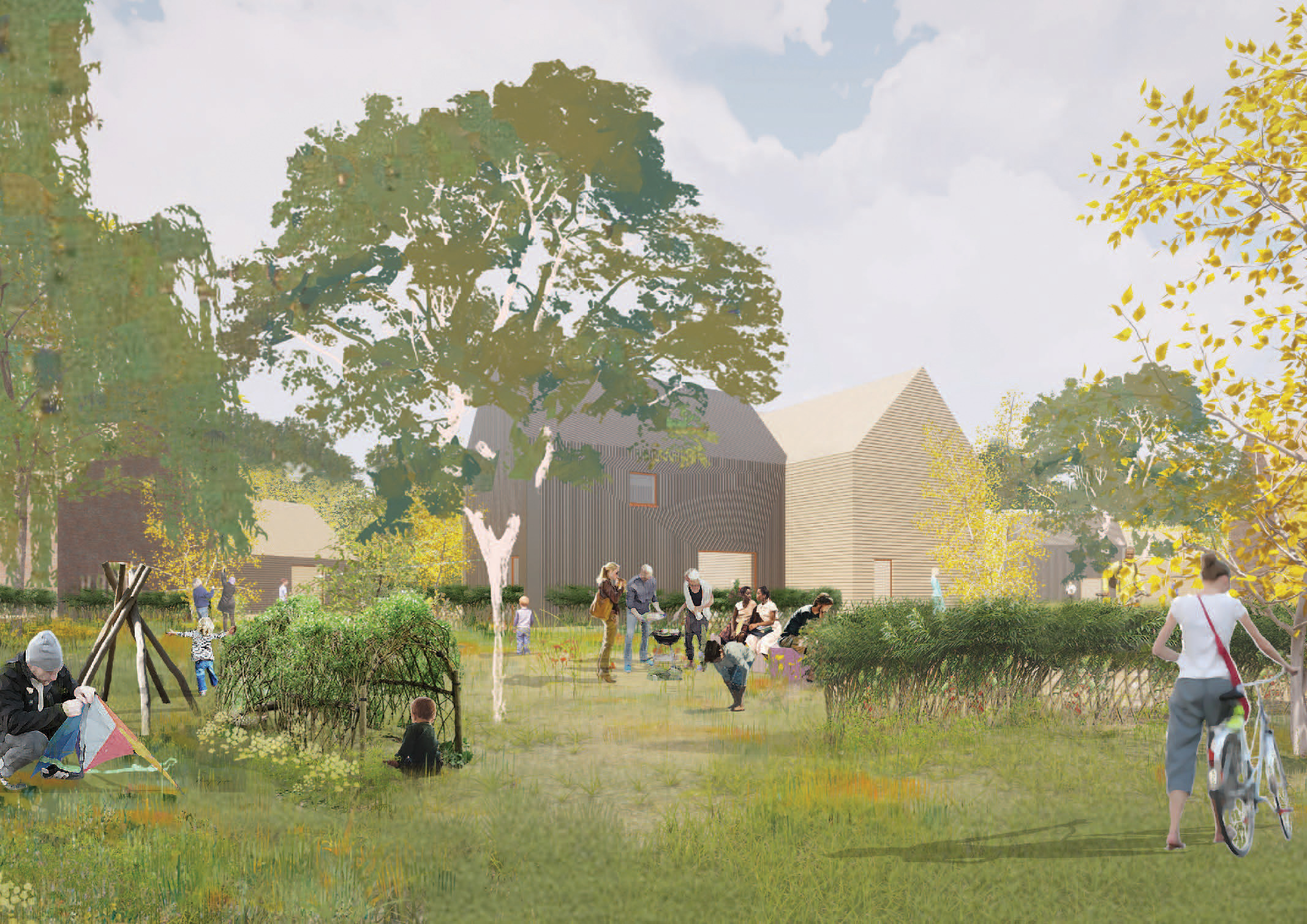 Alternative angle concept showing many residents in a communal green, by CDC studio