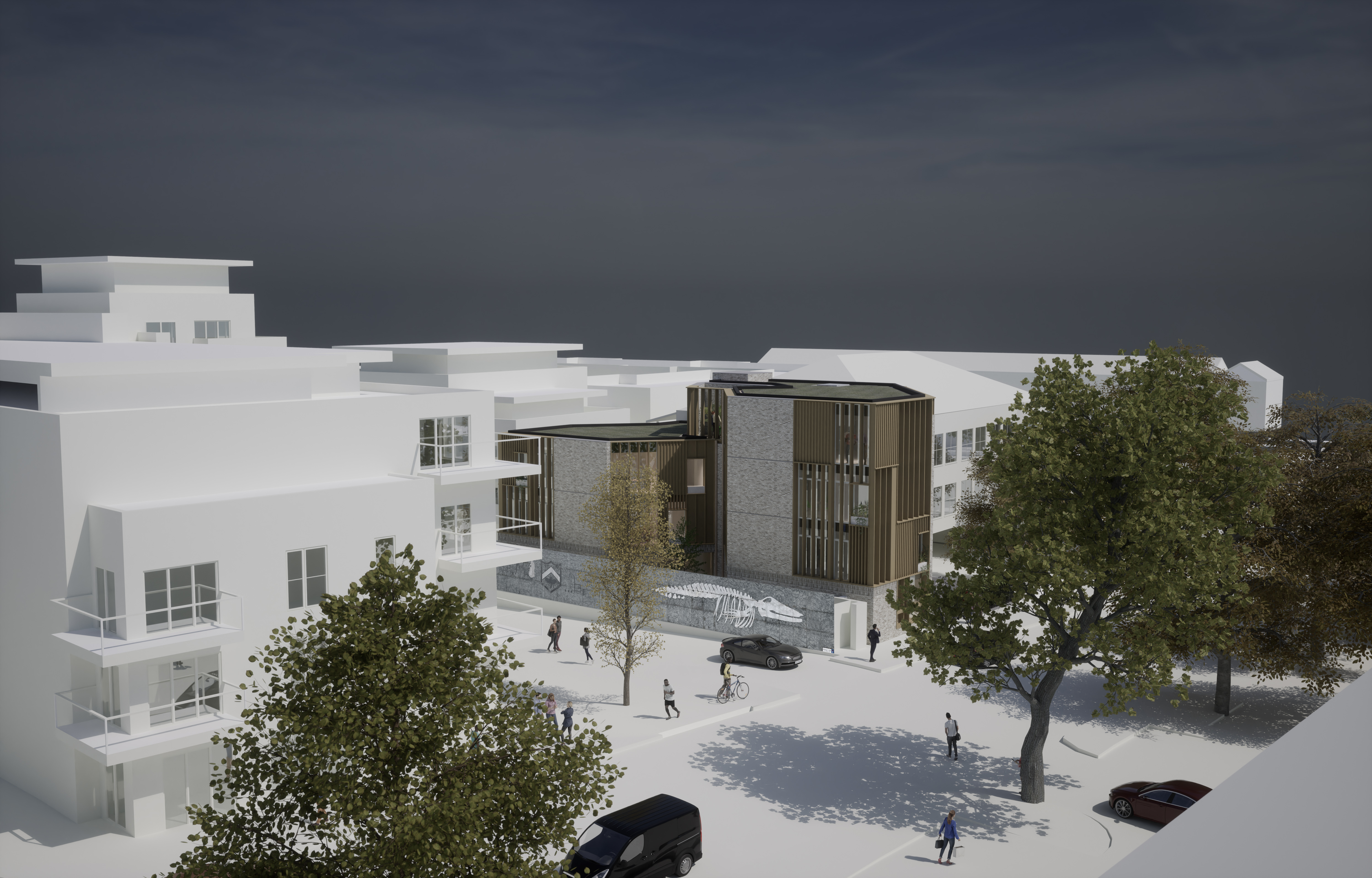Visualisation of proposed building in its context on newmarket road |  cambridge architects CDC Studio