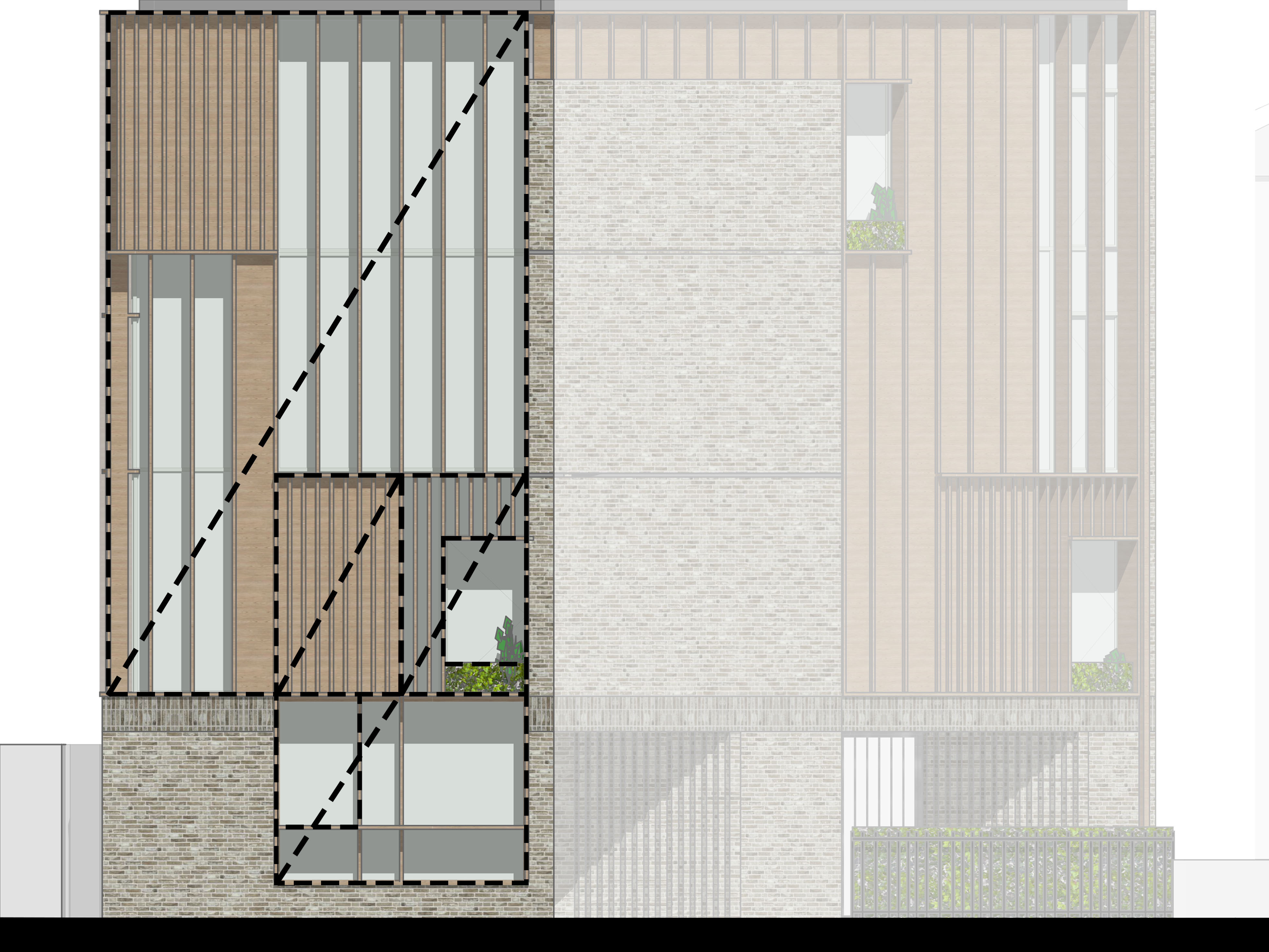 Elevation illustrating the ratio of glazing and materials on the facade newmarket road |  cambridge architects CDC Studio