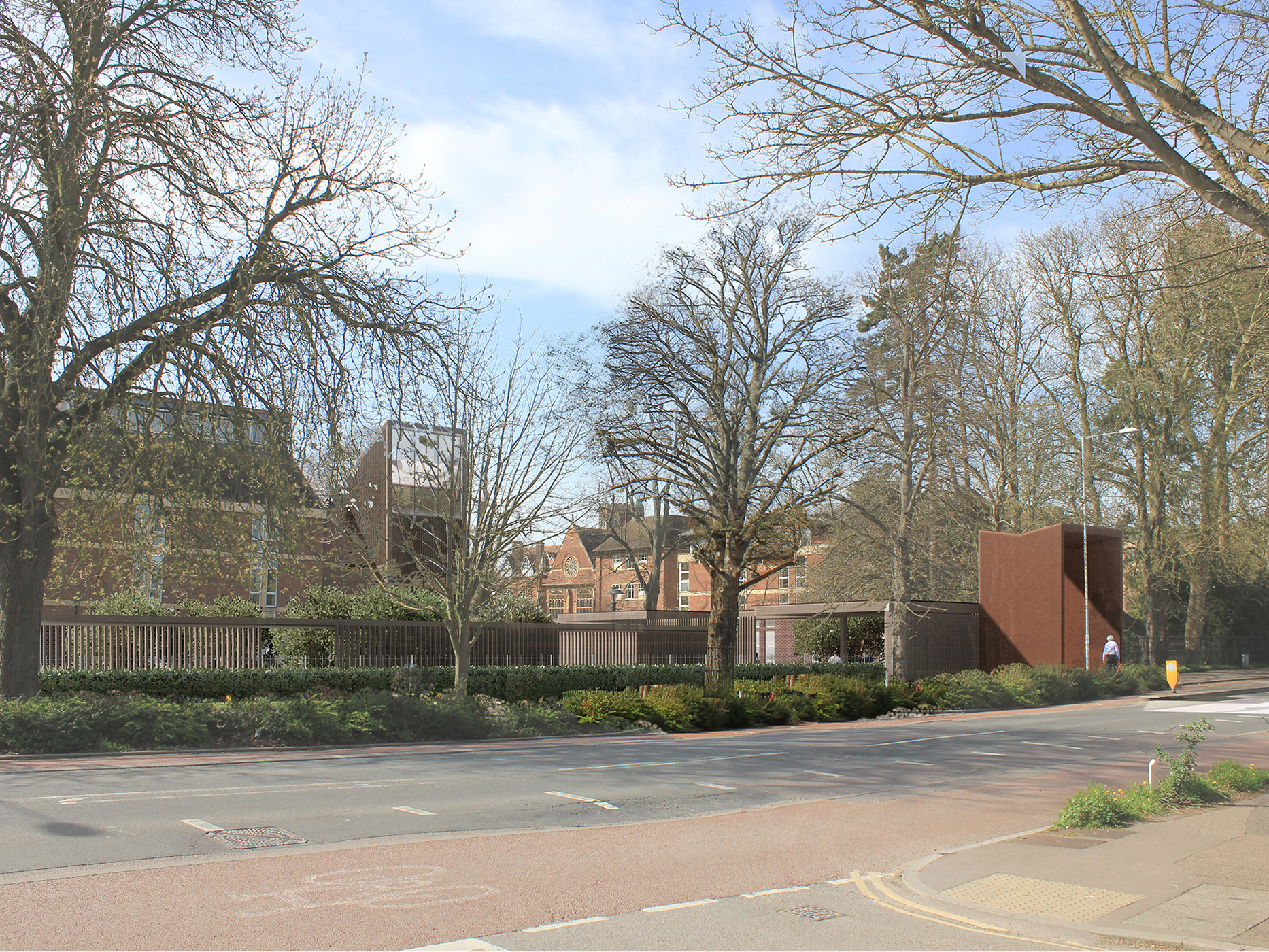 Visualisation showing view across hills road towards gateway entrance and porters' lodge in distance with landscaped pavement and trees in foreground  | cdc studio cambridge architects