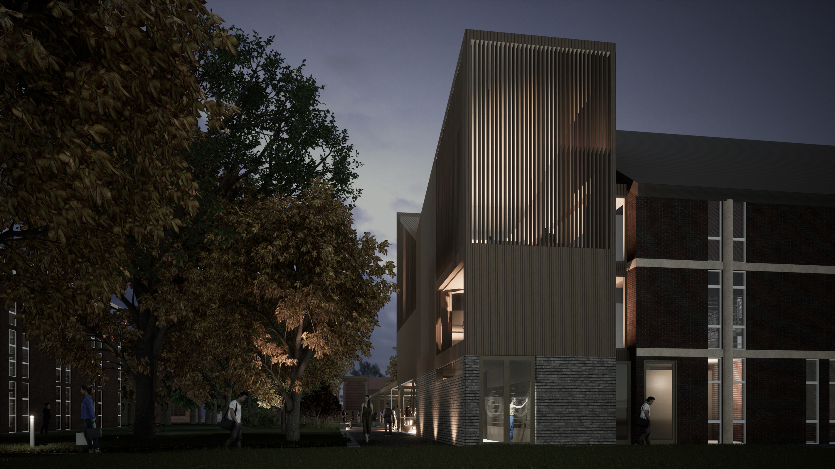 Night time visualisation showing uplit building next to trees. Ground floor is clad in light brick, with vertical timber to upper floors and tall winged roof  | cdc studio cambridge architects