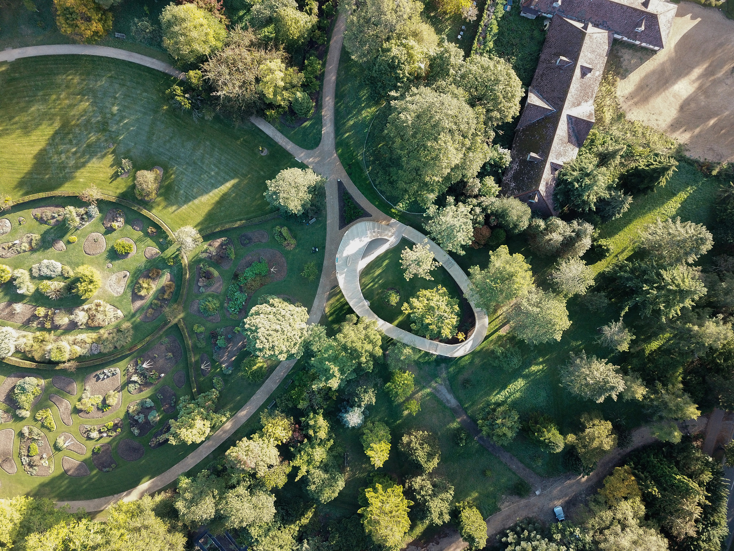 Aerial view of The Rising Path, Cambridge University Botanic Garden by Cambridge architects CDC Studio