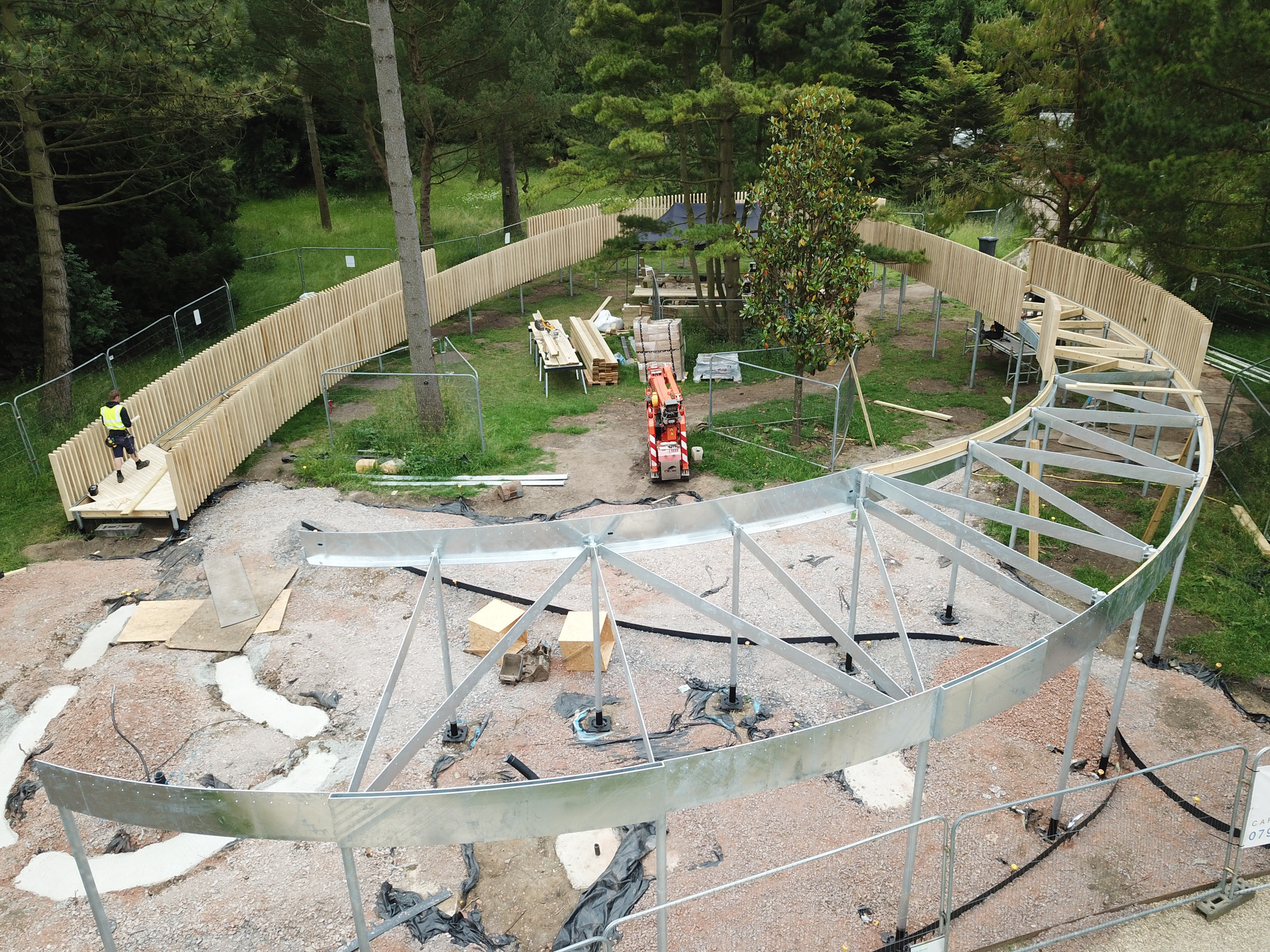 The frame under construction for Cambridge University Botanic Garden Rising Path by architects CDC Studio