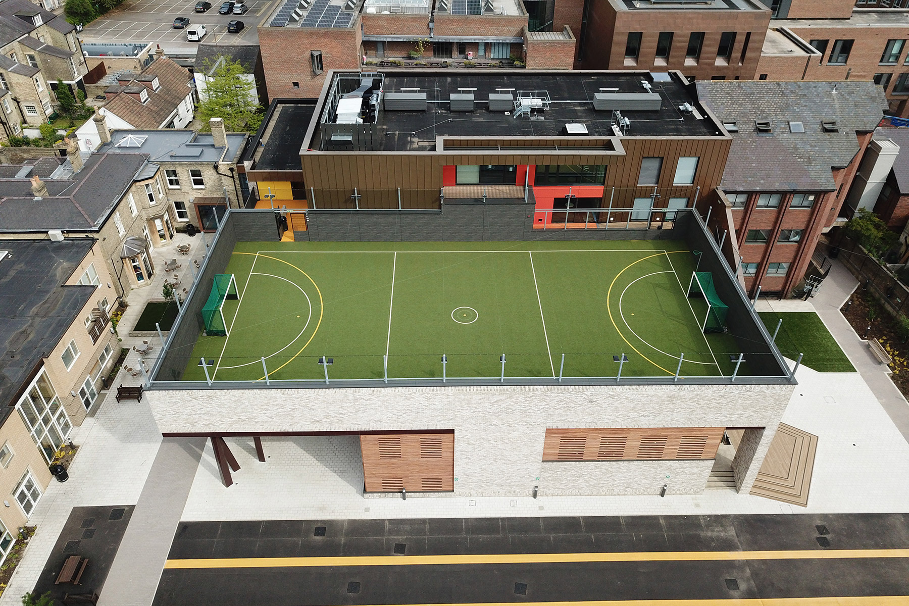 Second aerial view of MUGA court for sports learning school, by cambridge architects CDC studio