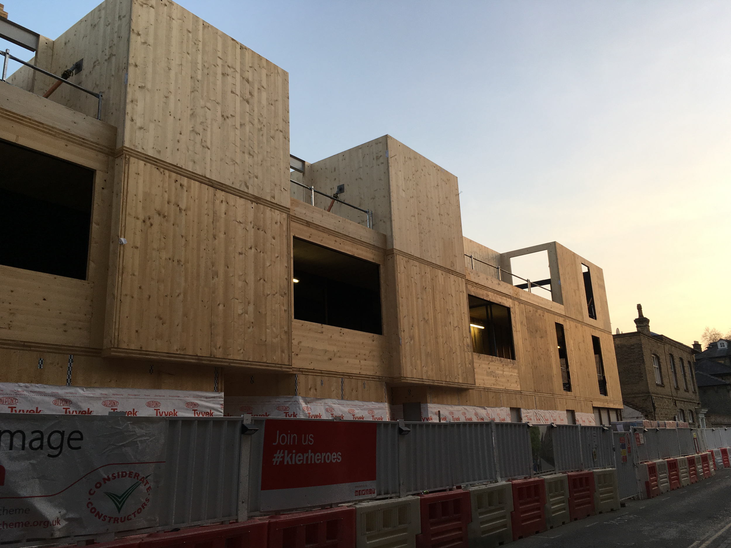 evening view of the timber construction, street view, union road | CDC Studio Cambridge architects