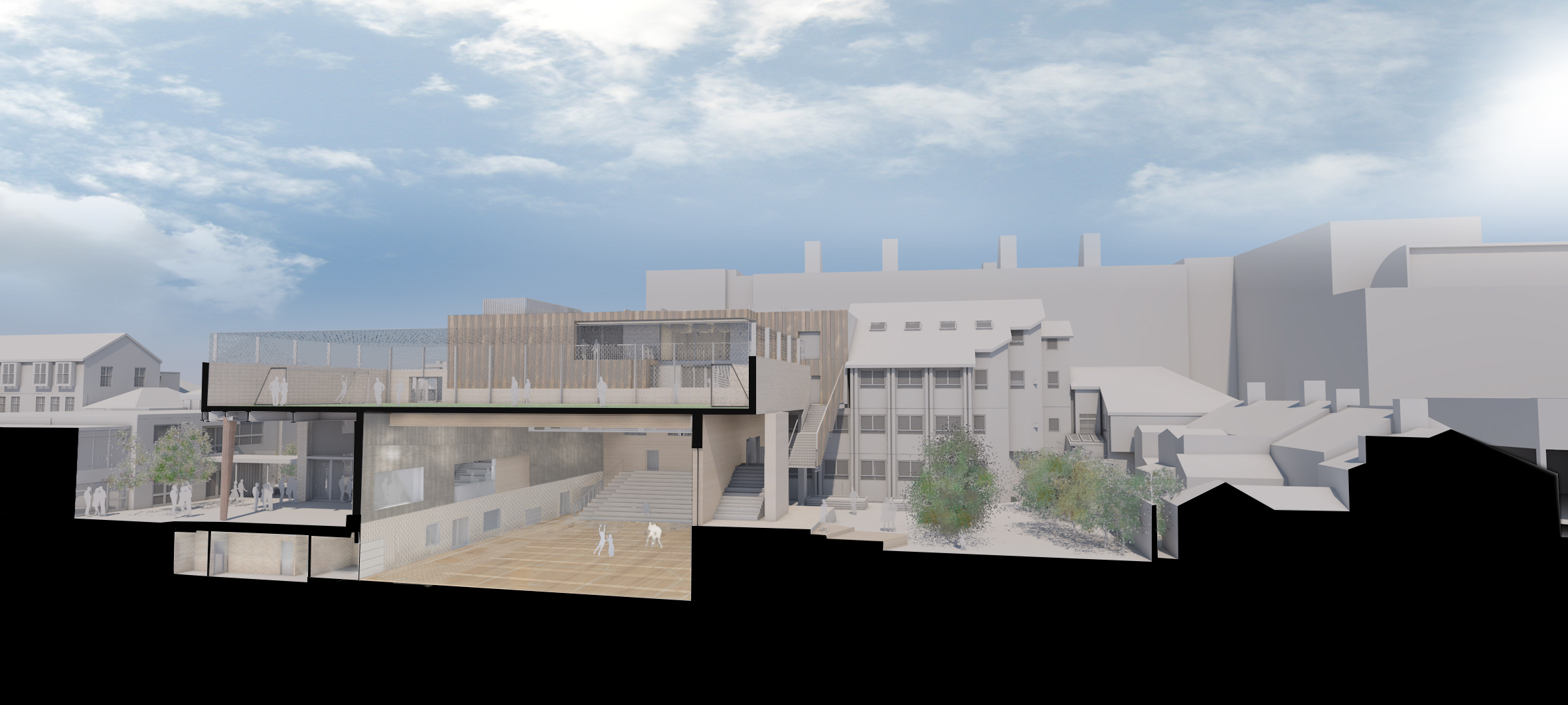 Cross section of sports hall from behind the street, | CDC Studio Cambridge architects